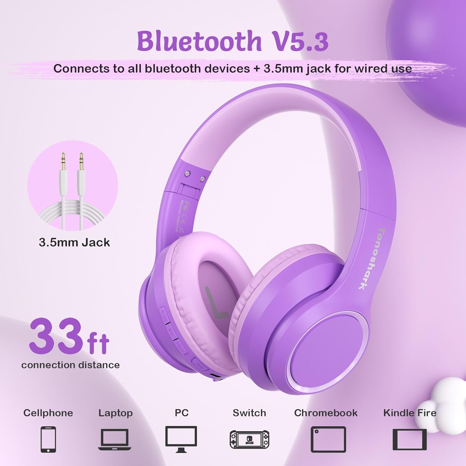 Thumbnail 5 de TONOSHARK Kids Wireless Headphones with Noise Cancelling, Purple