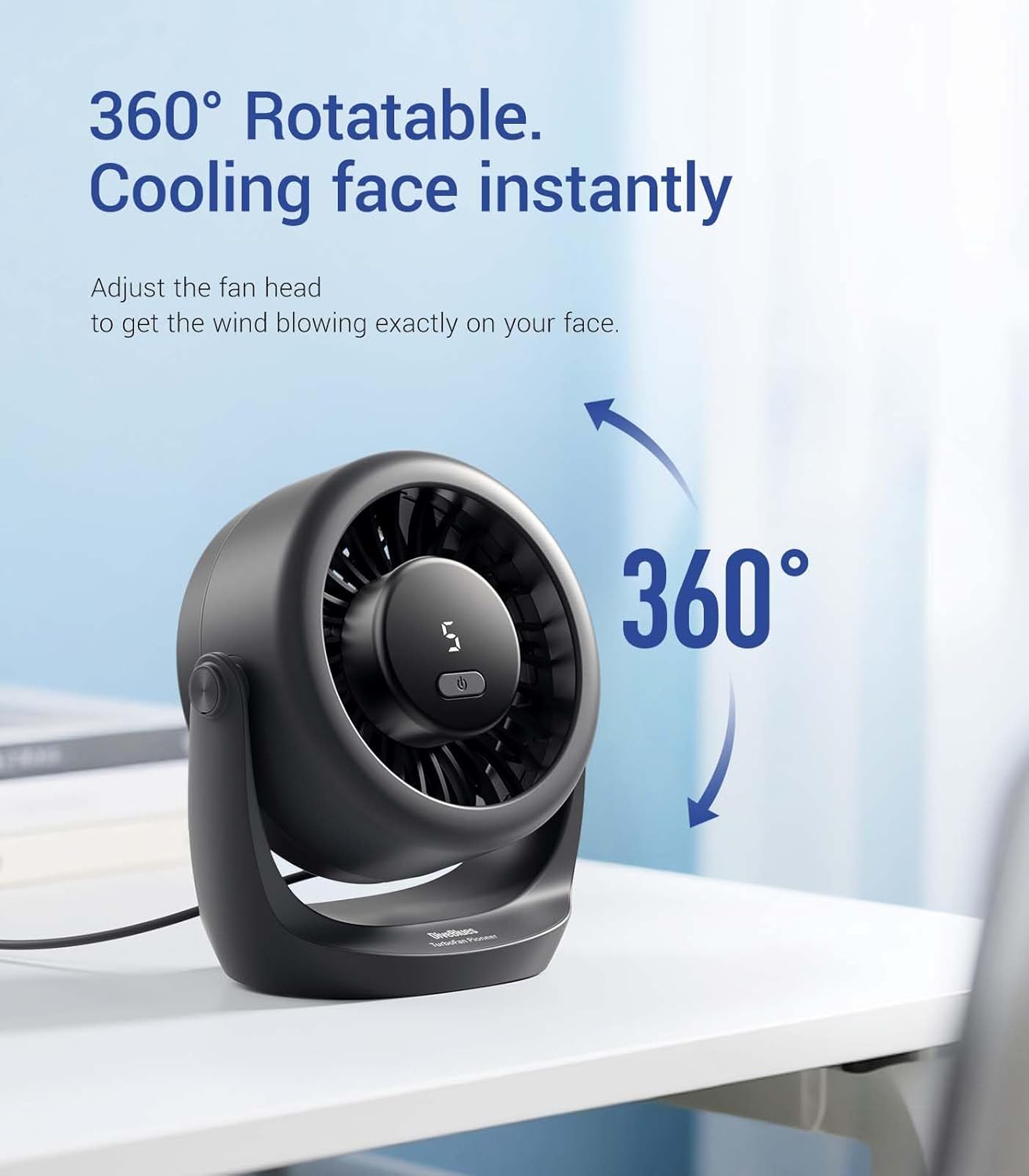 Detalle 2 de Diveblues USB Desk Turbo Fan (TurboBreeze) – Ultra-Quiet, 5-Speed Portable Desk Fan with 360° Rotation