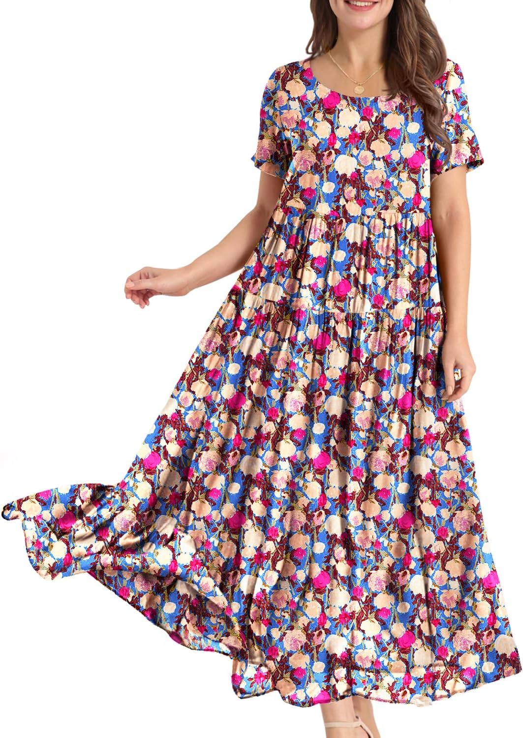 Thumbnail 5 de YESNO Damen Kleider Freizeit Lose Sommerkleid – Maxikleid Boho mit Blumenprint, Rundhals, Strandlook