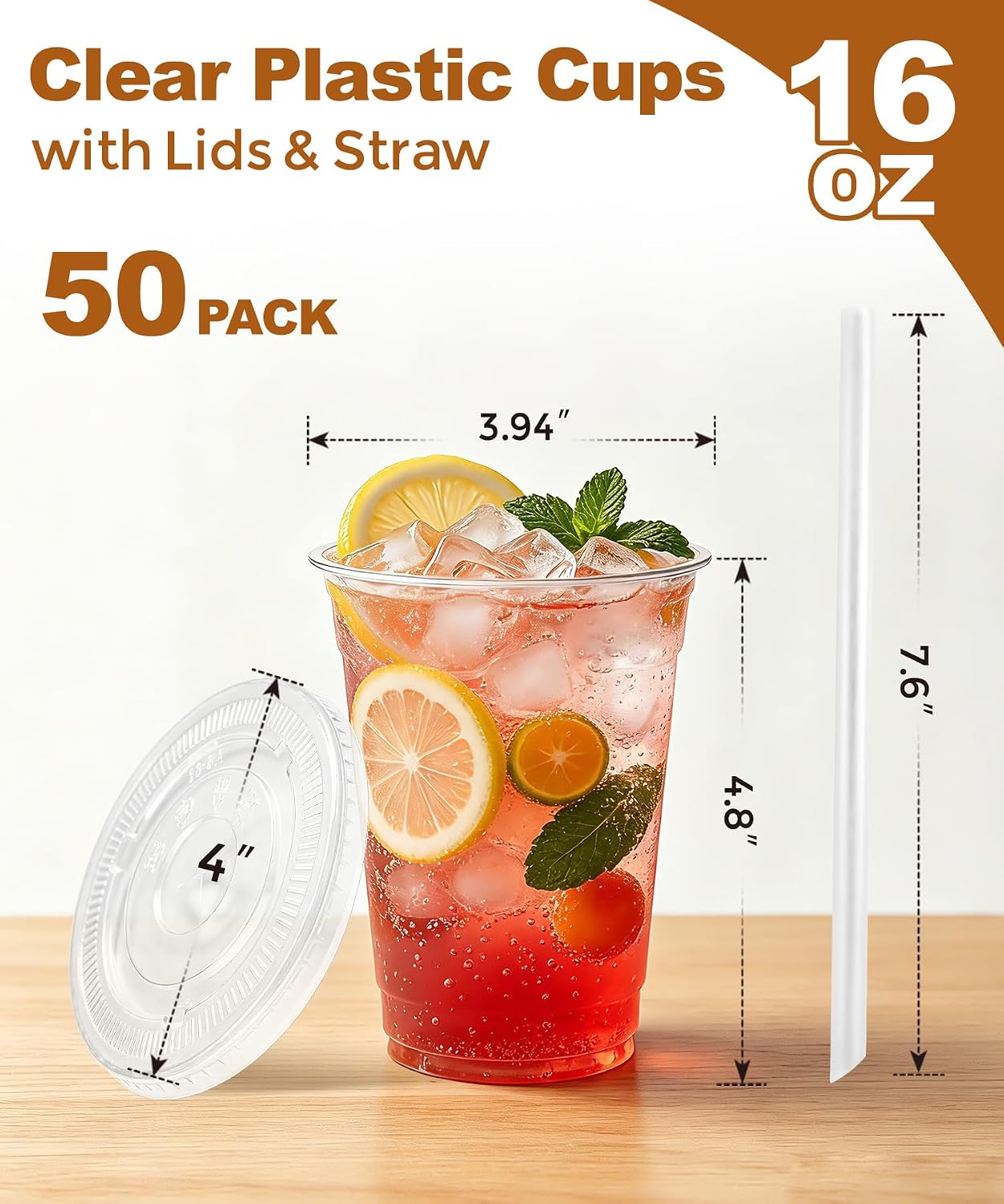 Detalle 2 de Ginkgo 50 Pack 16 oz Clear Plastic Cups with Lids and Straws