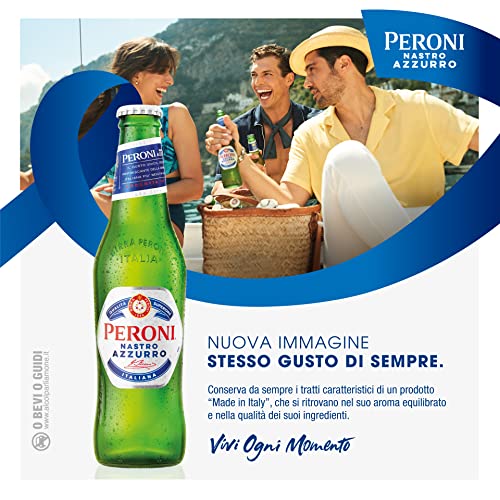 Detalle de Peroni Nastro Azzurro – Cassa da 24 bottiglie da 33 cl, Birra Premium Lager a bassa fermentazione