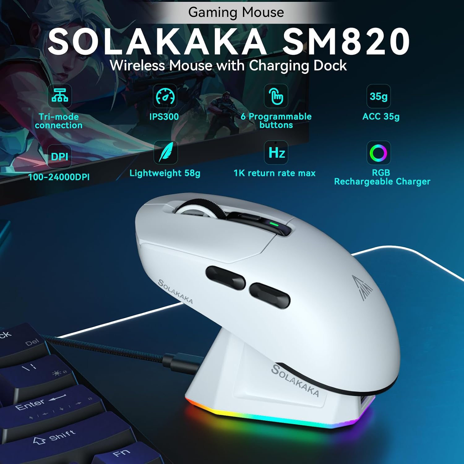 Thumbnail 1 de SOLAKAKA SM820 Wireless Gaming Mouse with RGB Dock, 24,000 DPI