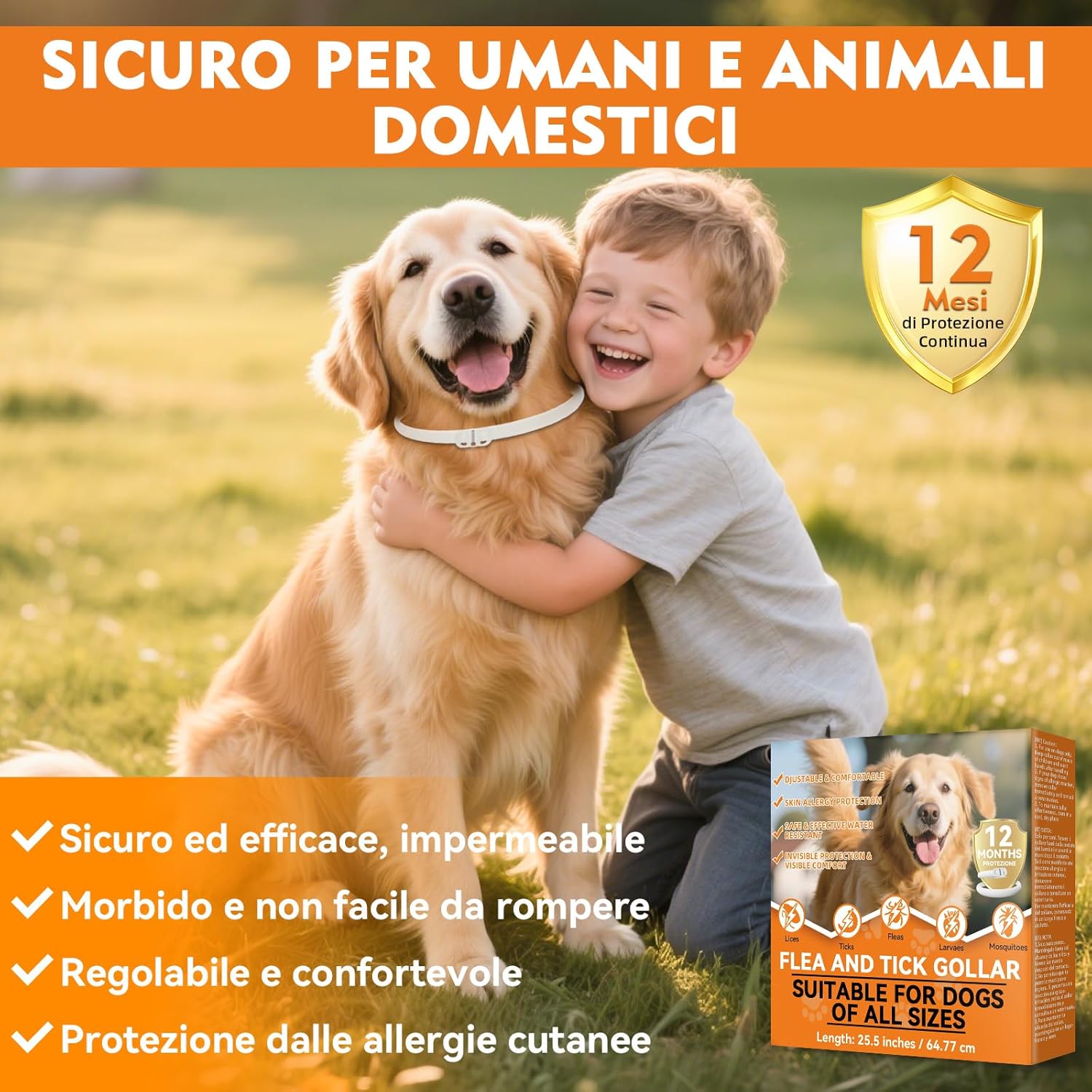 Detalle de Collare antiparassitario per cani Regolabile e Impermeabile – 65 cm, protezione 12 mesi