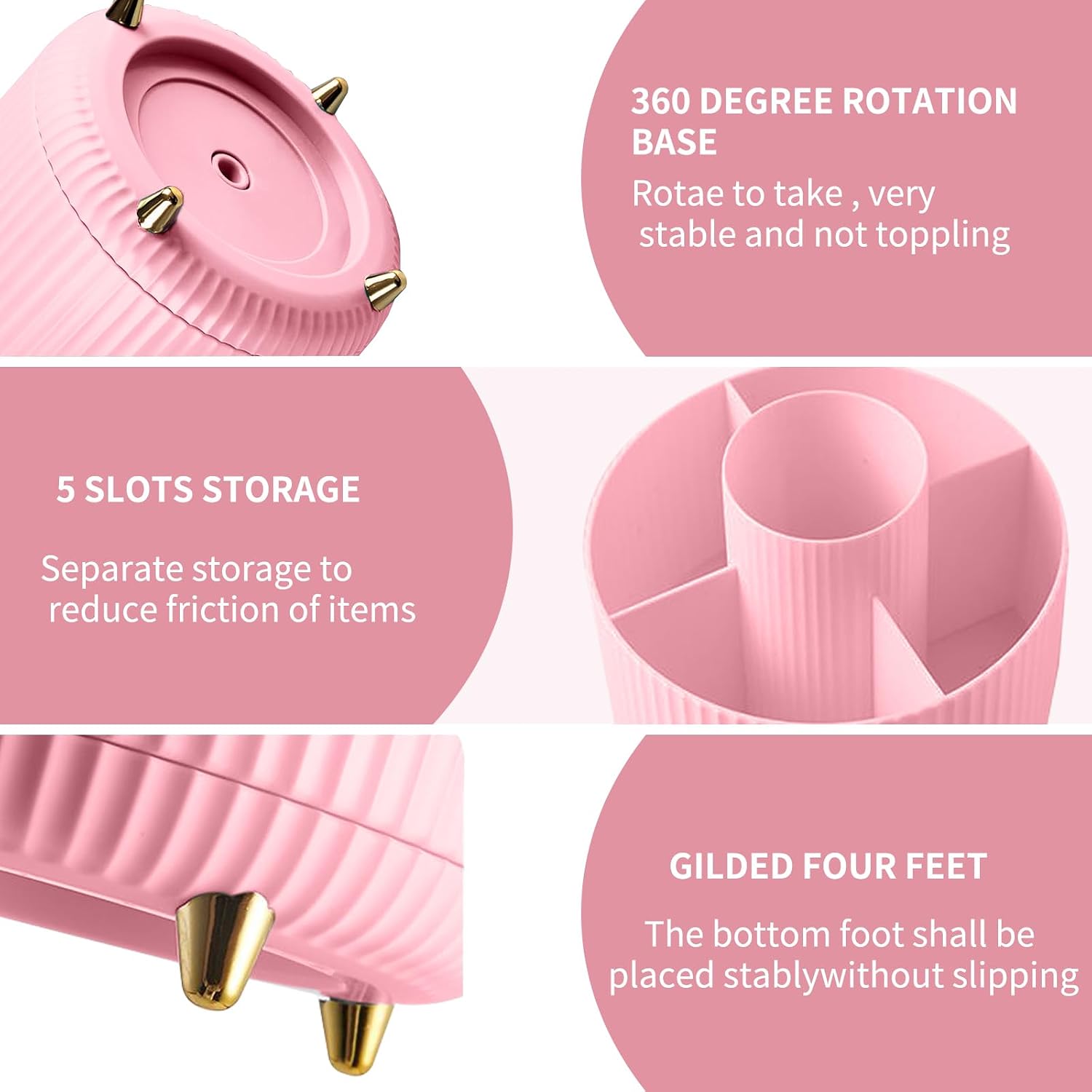 Thumbnail 2 de 360° Rotating Makeup Organiser with 5 Compartments (Pink) – desk brush holder and stationery storage