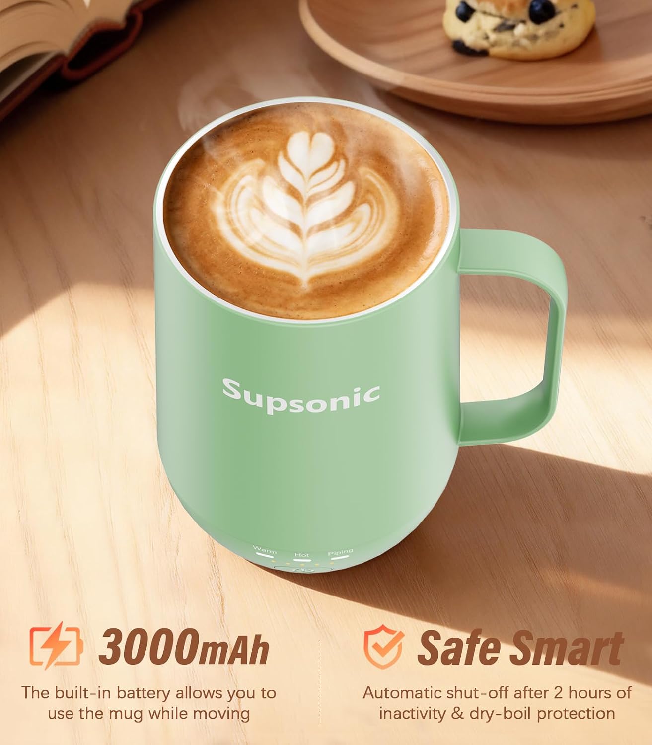 Detalle de Supsonic 16oz Self-Heating Coffee Mug — Smart Heated Mug with 149°F/131°F/113°F, Auto Shut-Off