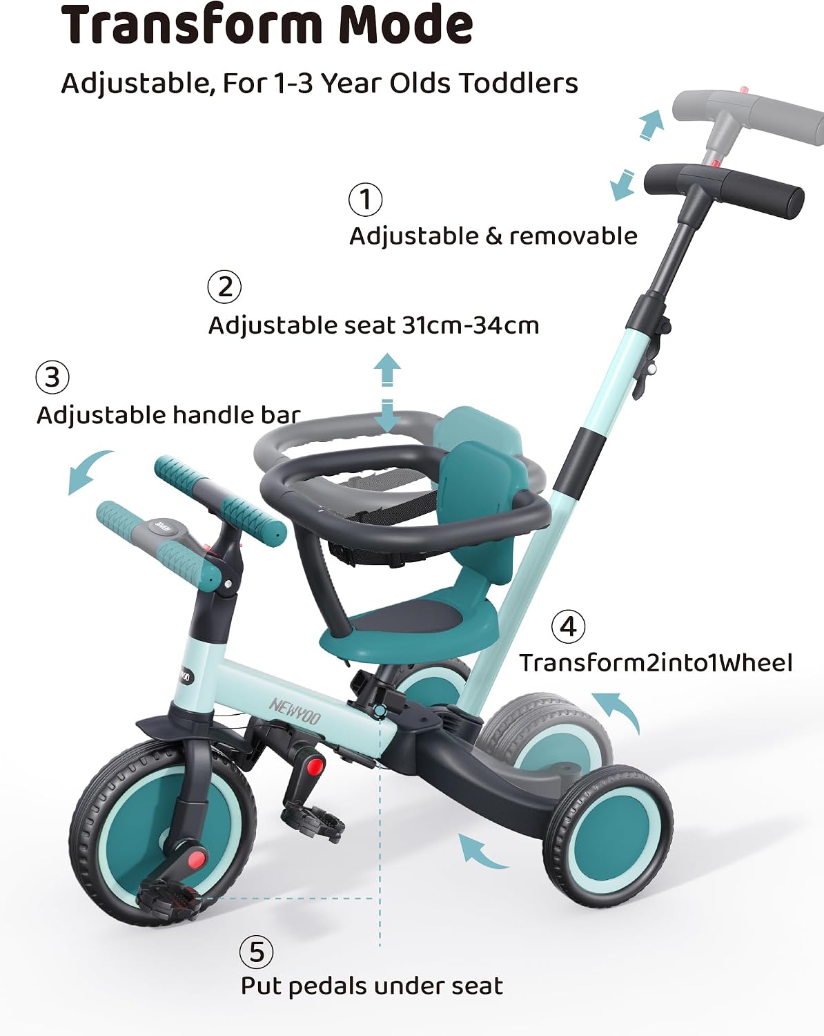 Thumbnail 3 de newyoo TR008 Toddler Push Tricycle: 5-in-1 Baby Ride-On for Ages 1–3