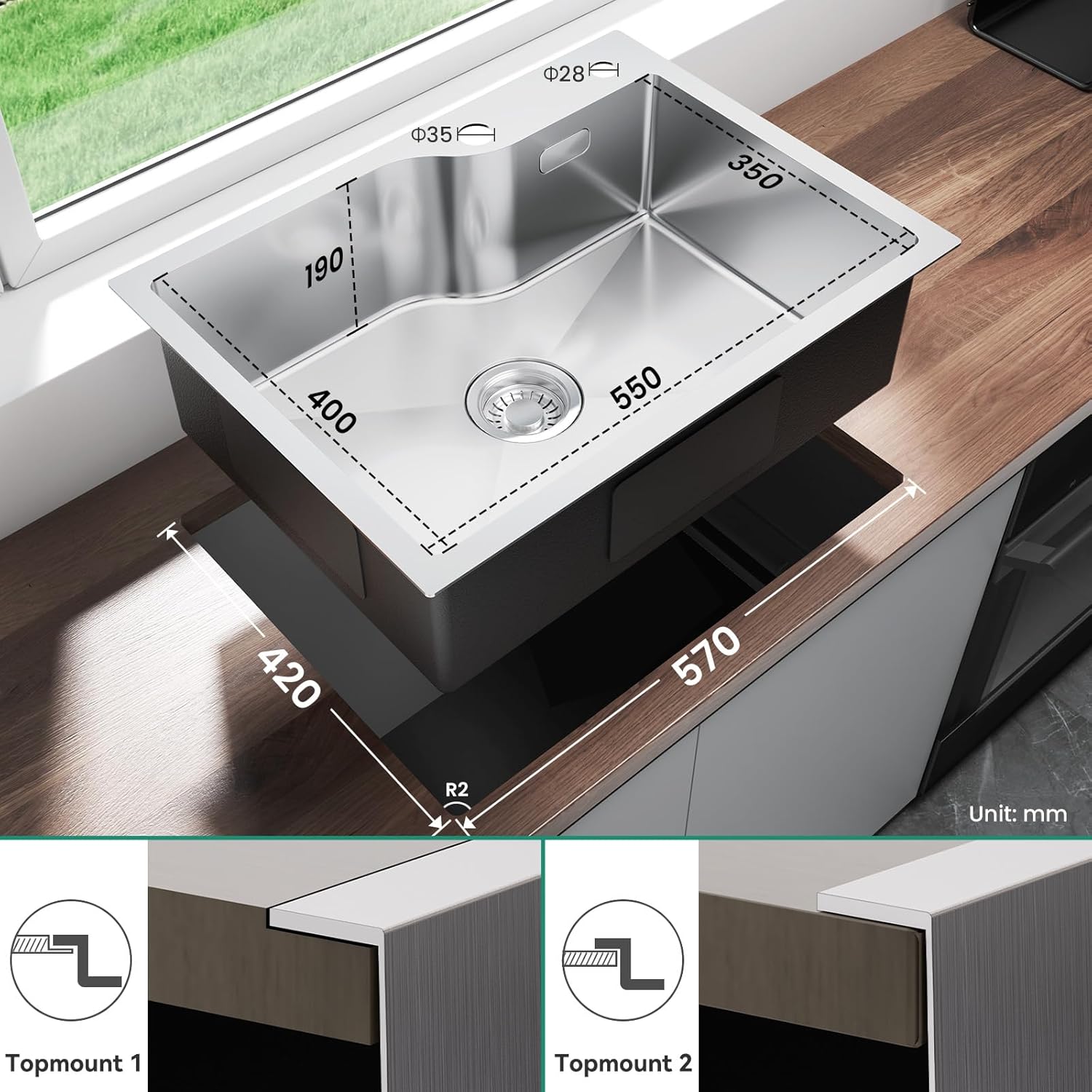 Thumbnail 2 de ANYCEE Lavello in acciaio inox 60 x 45 cm, 1 vasca con foro rubinetto e cestello