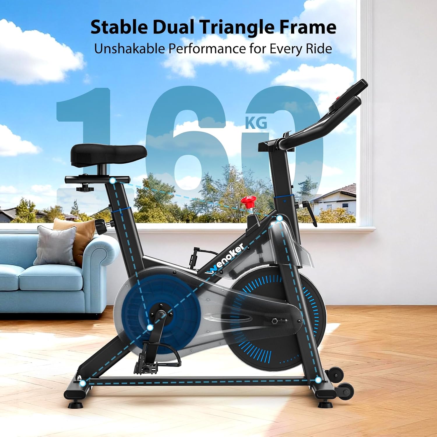 Detalle de Wenoker Exercise Bike (APP Compatible) — indoor cycling spin bike with LCD, Bluetooth and tablet holder