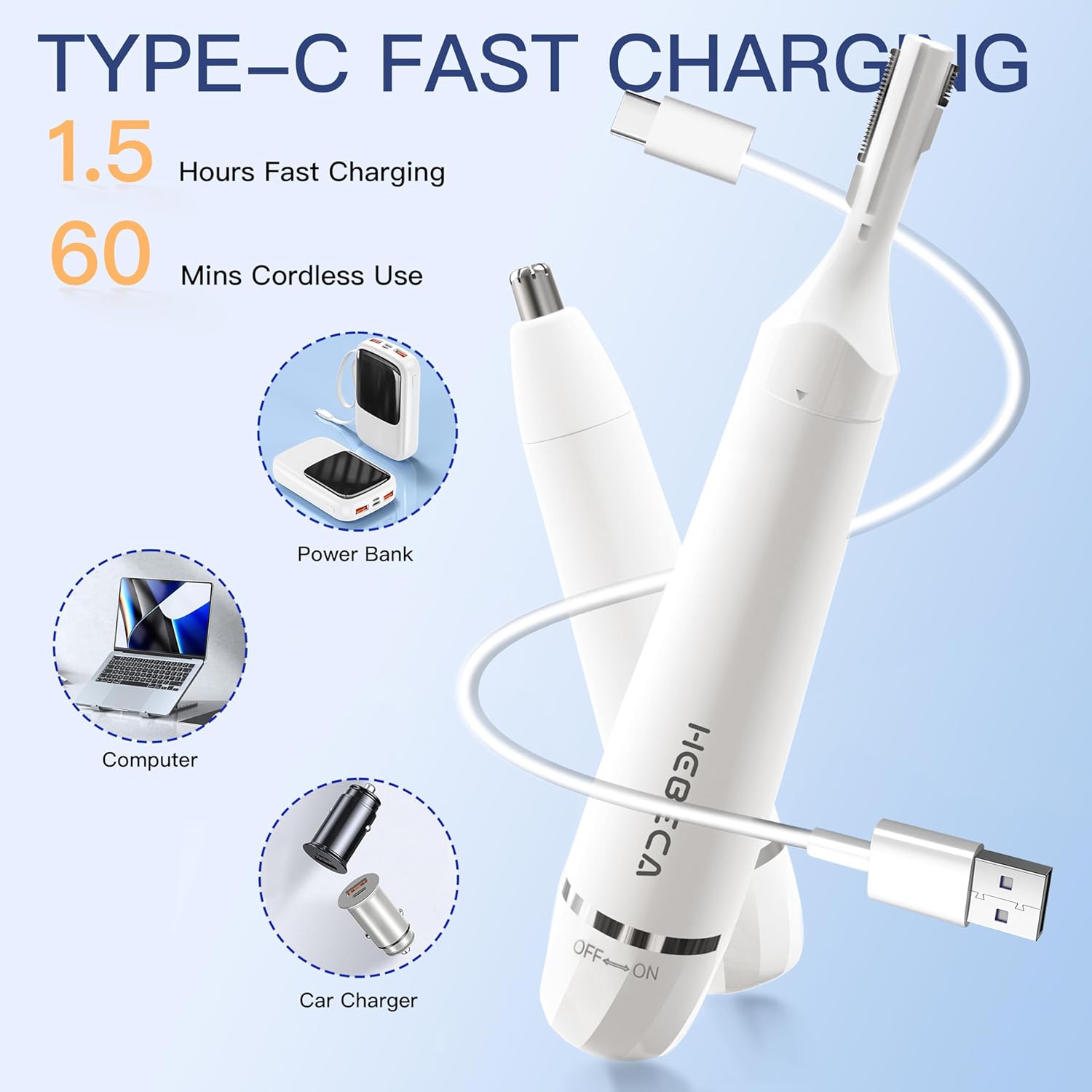 Detalle de HEBECA Tondeuse de nez et 2-en-1 sourcils et visage – rechargeable, étanche et portable