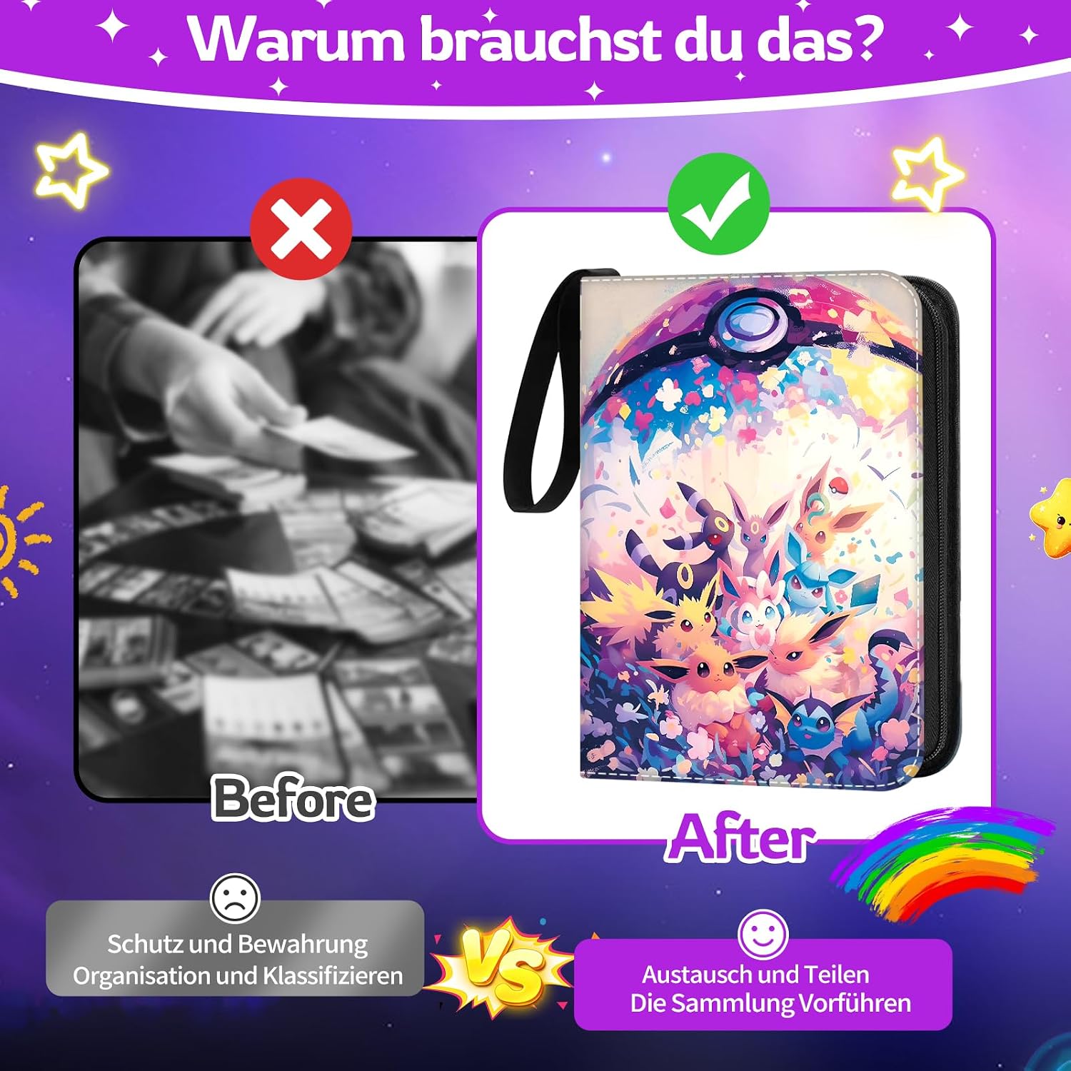 Detalle de ZZKW Sammelkarten Album – 400 Karten Kapazität, Reißverschluss, 50 Seiten, wasserdicht, tragbar