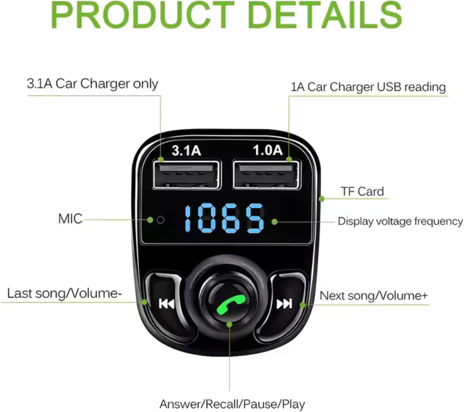 Detalle 2 de FM Transmitter, Bluetooth 5.3 Car Adapter with Dual USB Ports and Type-C Fast Charging