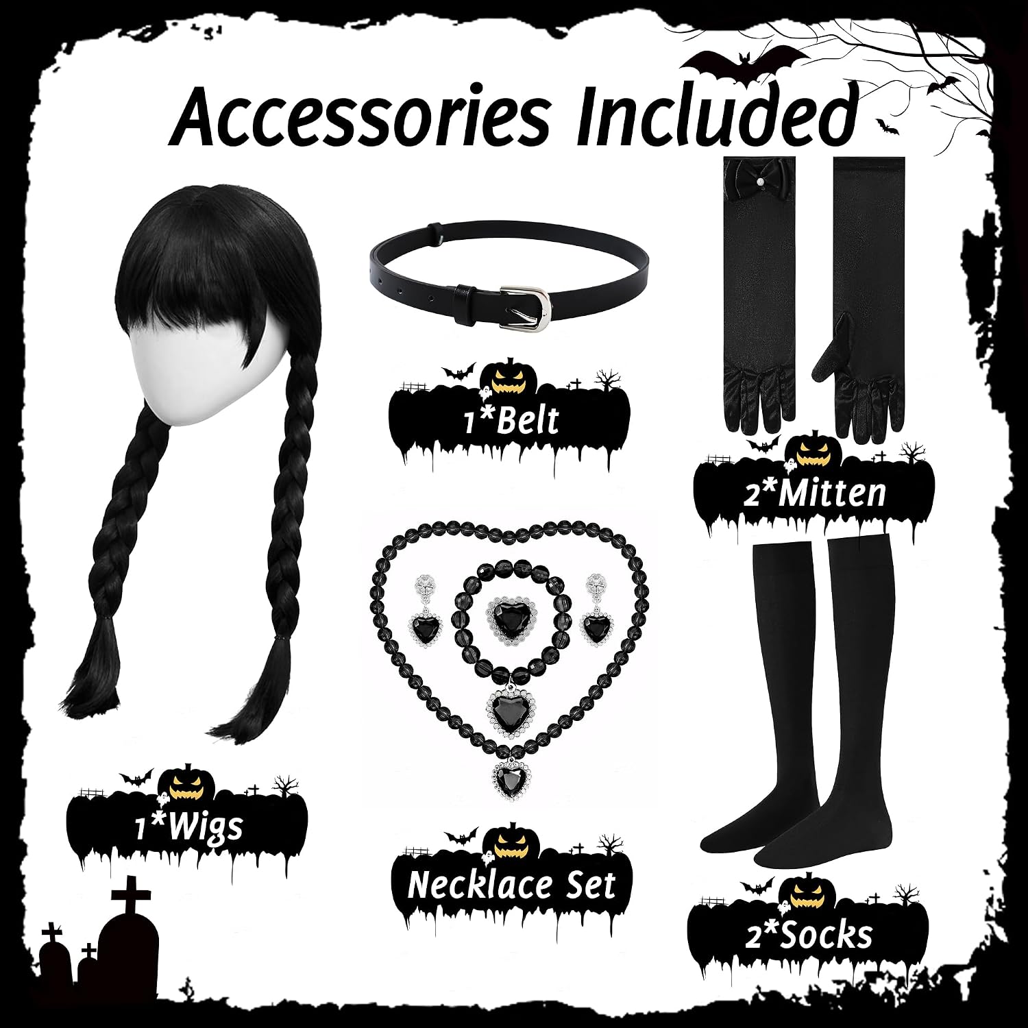 Detalle de ZapLute ZPT1361 Girls’ Black Costume Dress with Wig and Accessories
