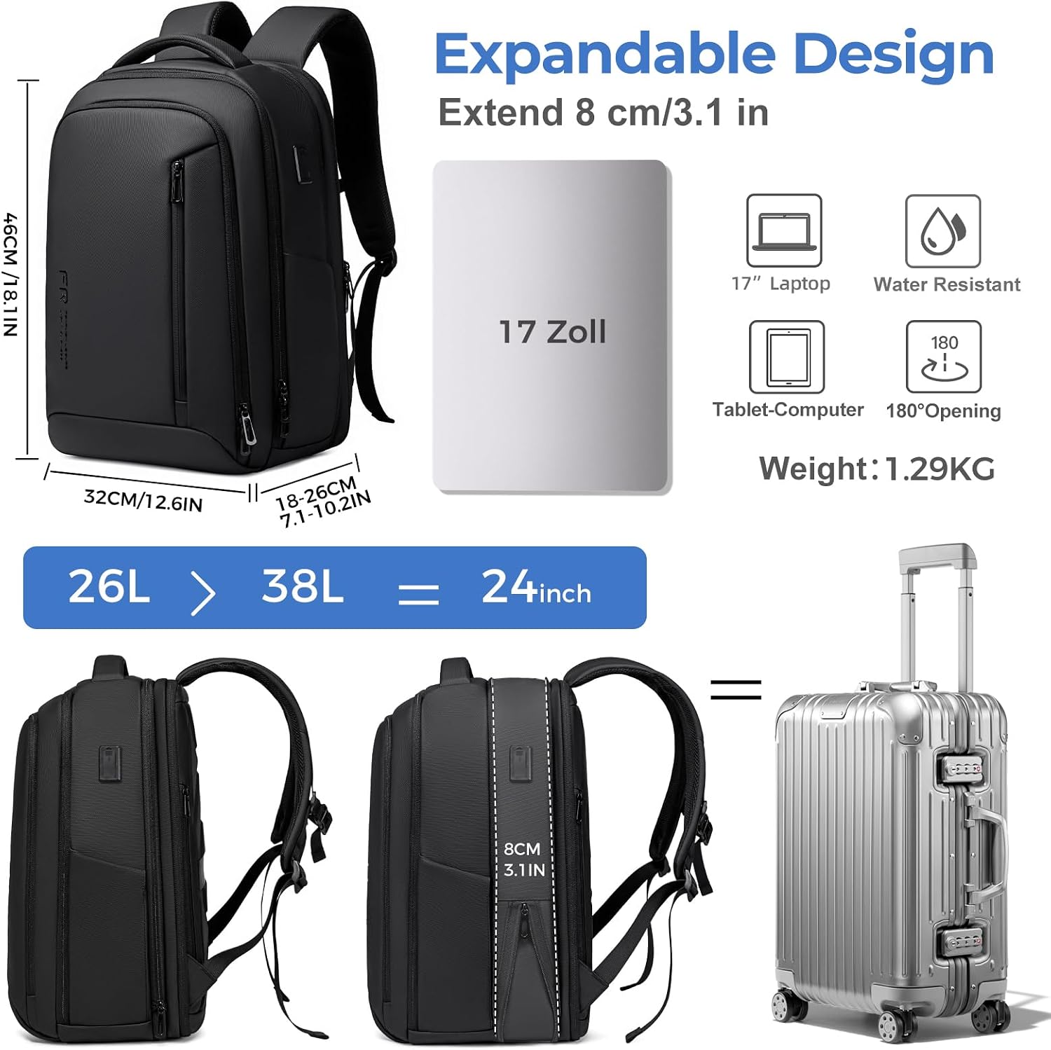 Detalle de Fenree.geer Laptop Backpack with USB Port – 26L-38L Expandable Travel Backpack for 17-inch Laptops