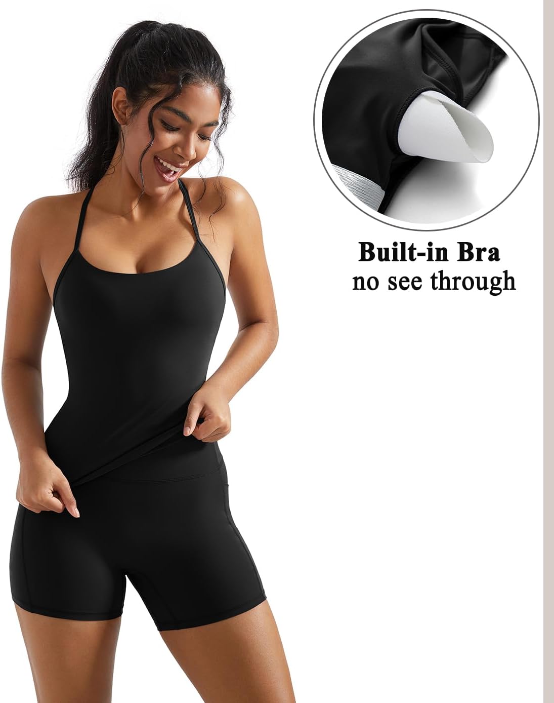Detalle 2 de OMKAGI 2 Piece Workout Set for Women: Padded Sports Bra Tank + Scrunch Shorts with Pockets