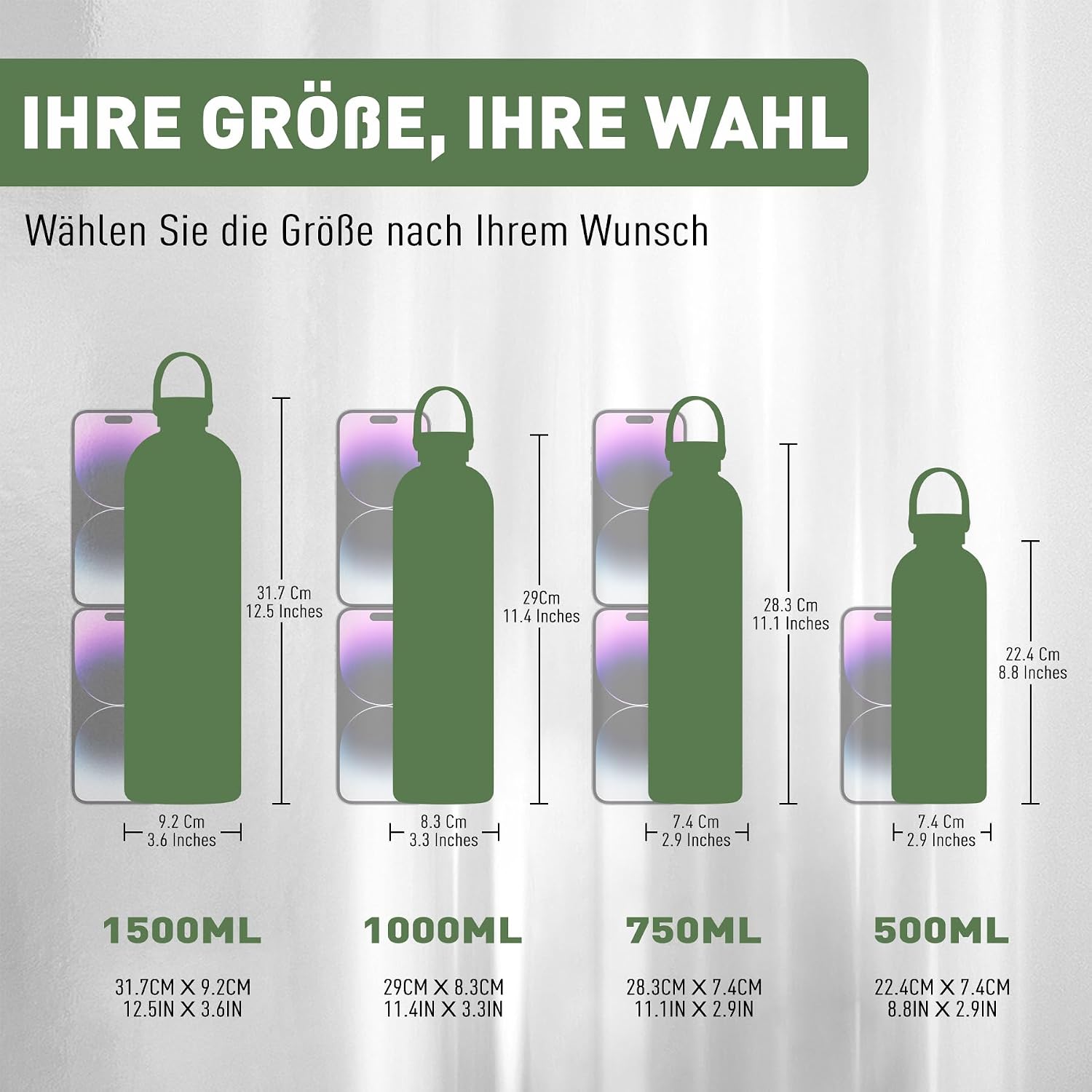 Detalle de Exllena Edelstahl-Trinkflasche mit Griff & Karabiner, isolierte Thermosflasche 500 ml (Flechtengrün)