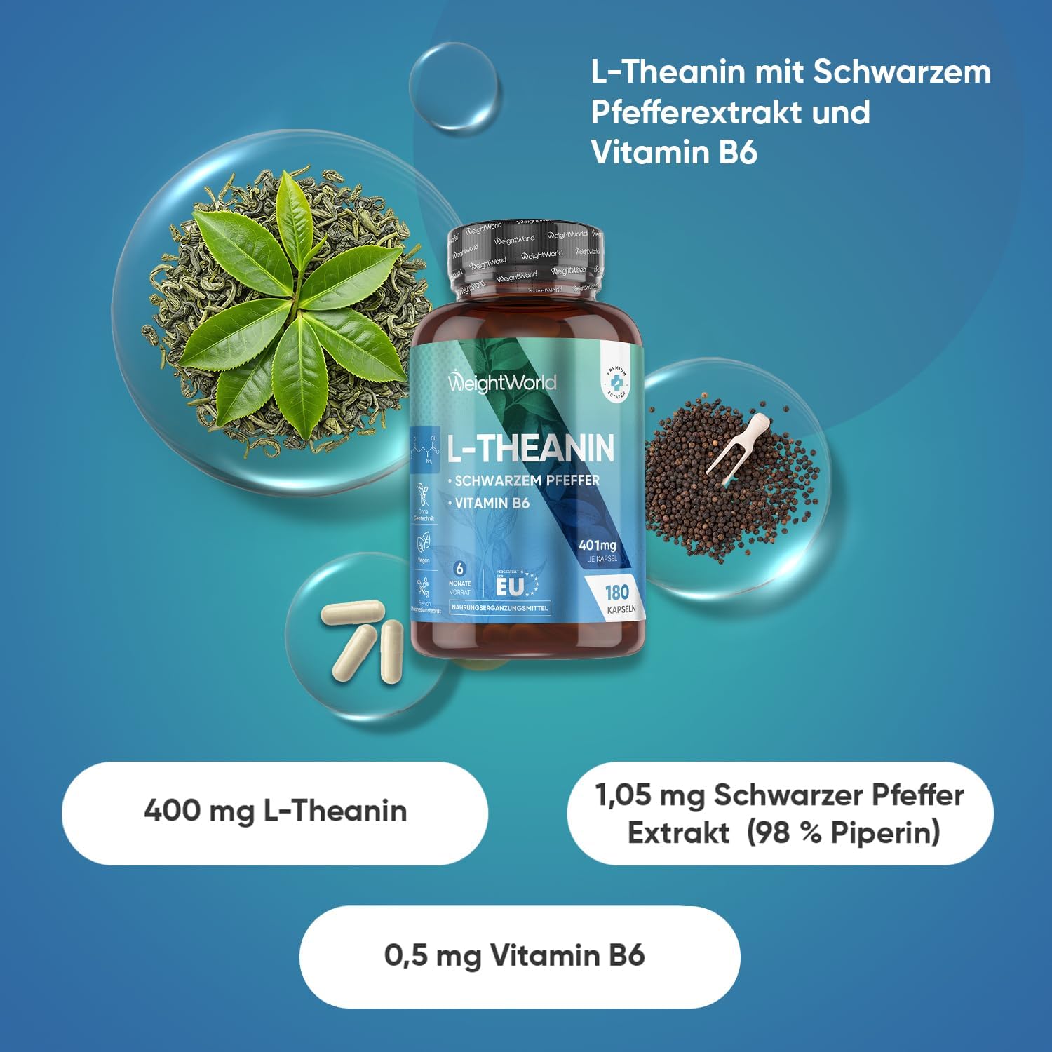 Detalle 2 de WeightWorld L-Theanin Kapseln – 401 mg pro Kapsel, 180 Kapseln, 6 Monate Vorrat