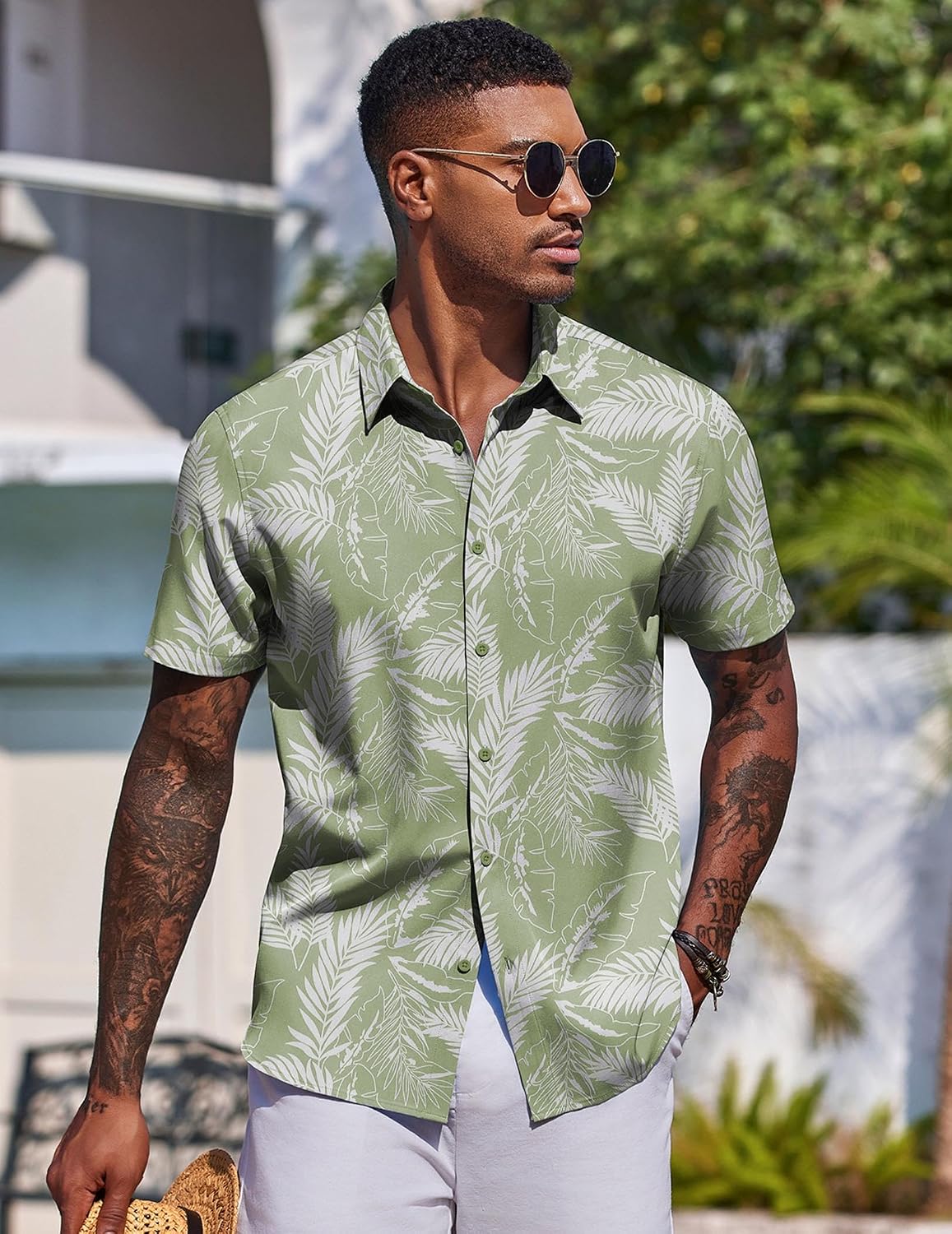 Detalle de COOFANDY Men's Hawaiian Shirt, Short-Sleeve Button-Down with Tropical Print