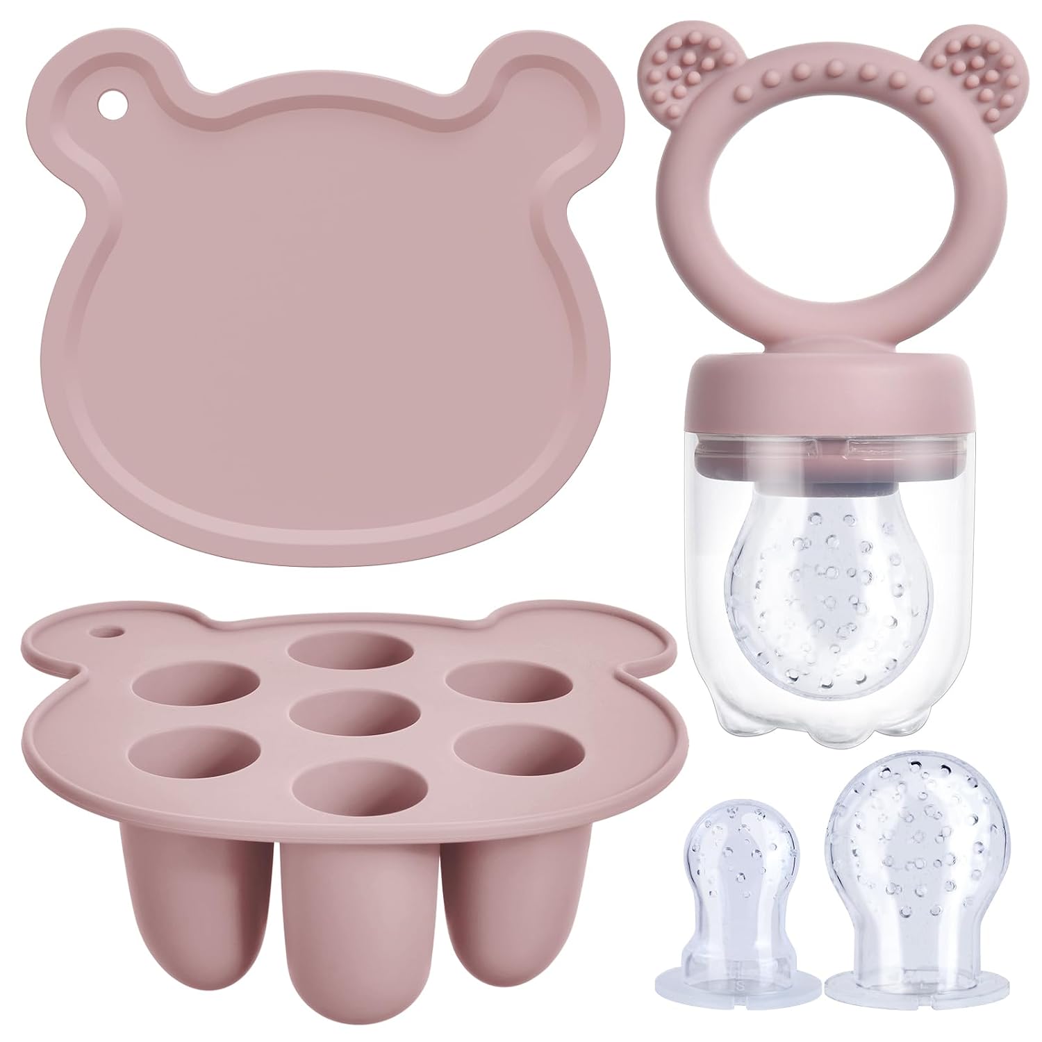 Detalle de Aolso Silikon Fruchtsauger Baby – Set aus Fruchtsauger, Aufbewahrungsbehälter und Eis-am-Stiel-Formen, Rosa