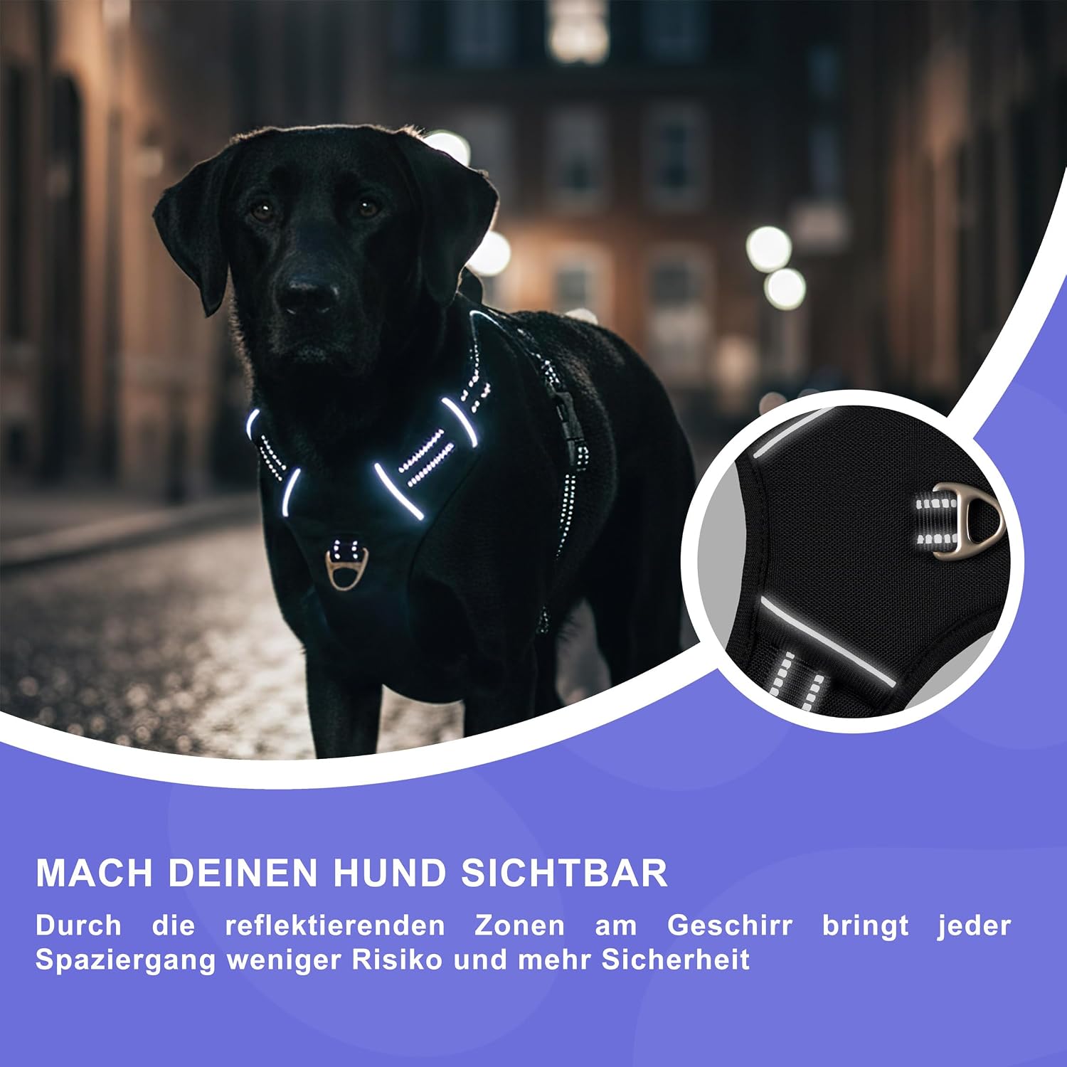 Detalle 2 de Harnais anti-traction réglable Reichstadt Pets pour chien (noir, poignée + bandes réfléchissantes)