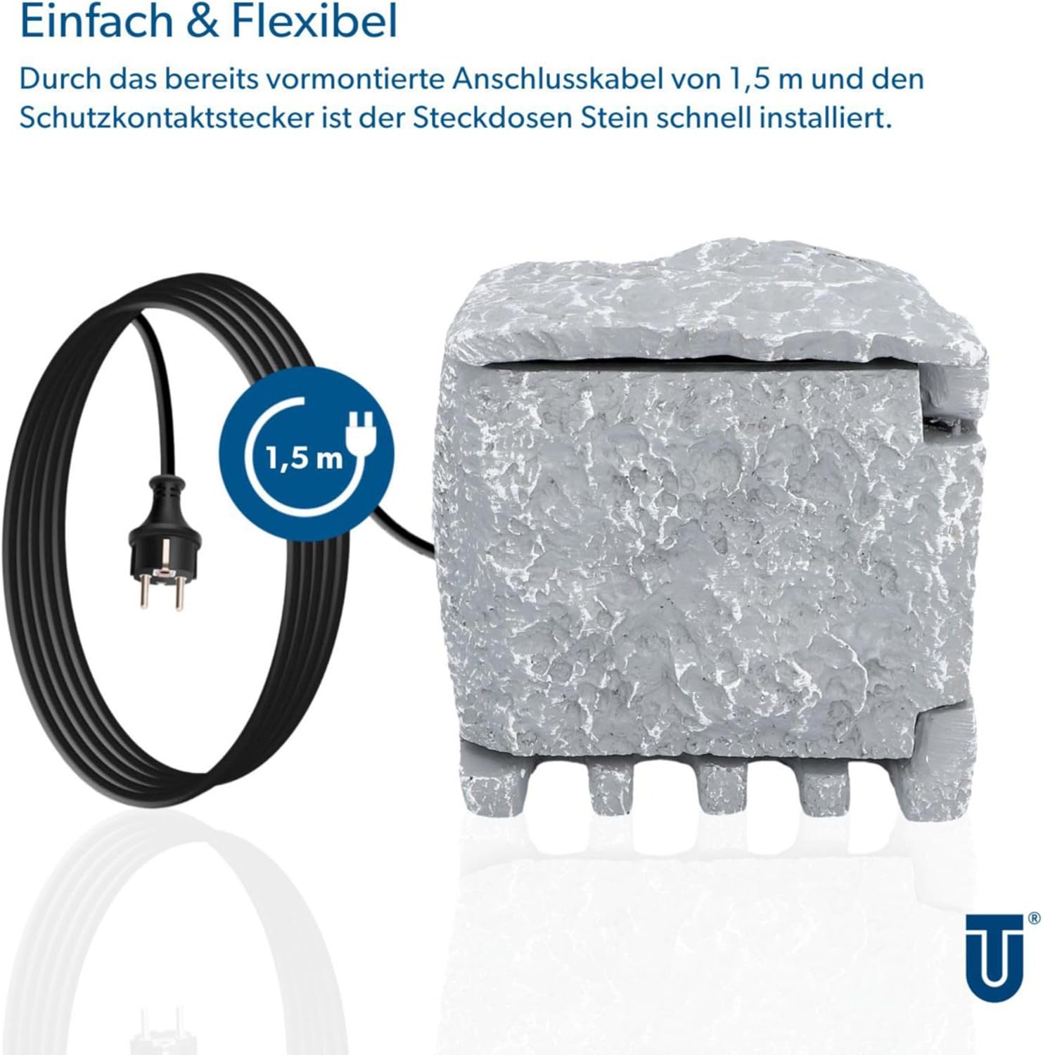 Detalle de UNITEC Steckdosenverteiler für den Garten in Steinoptik – Außensteckdose IP44, 2 Steckdosen, Zeitschaltuhr