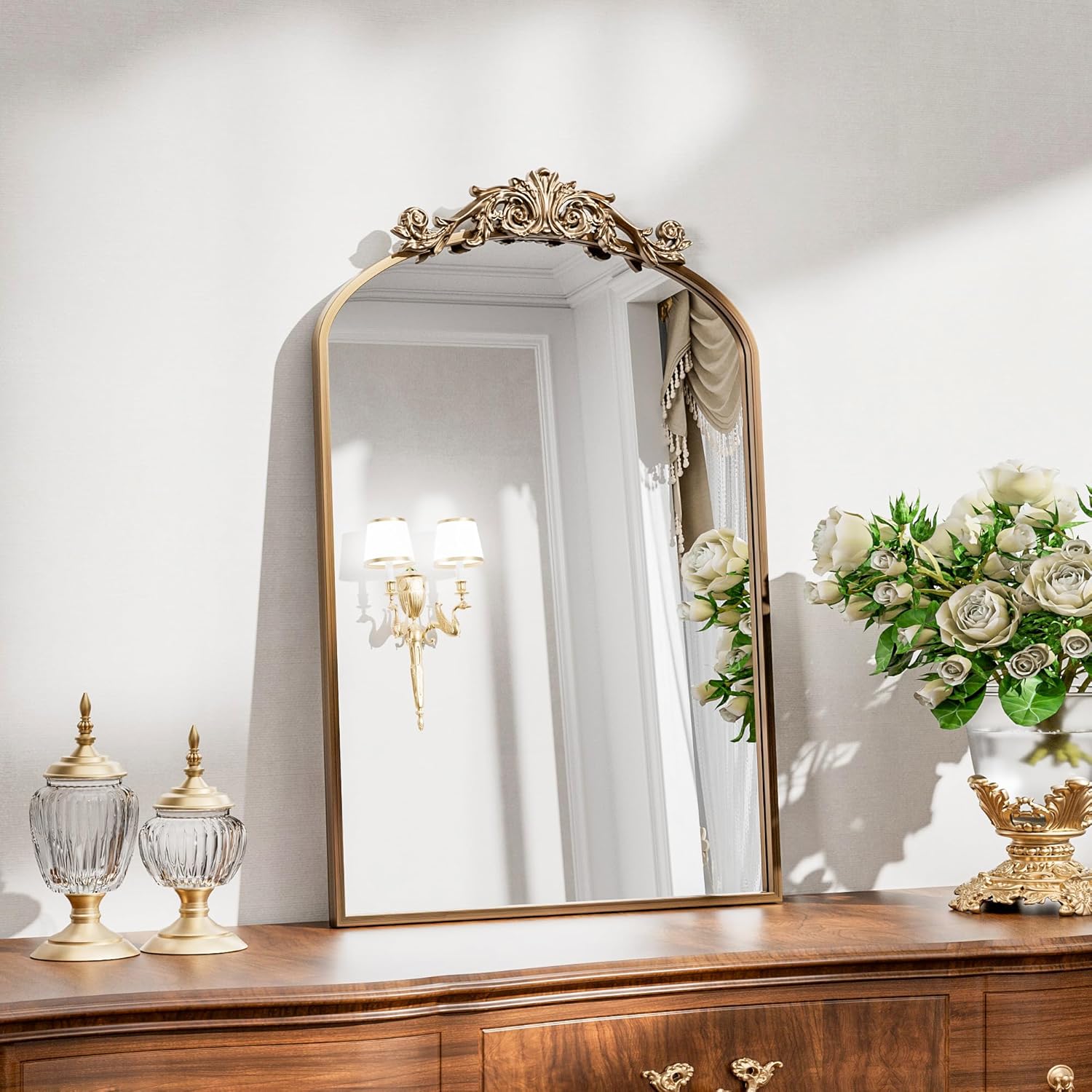 Thumbnail 6 de Dewfig Antique Arched Wall Mirror (22" x 30") with Vintage Bronze Baroque Frame