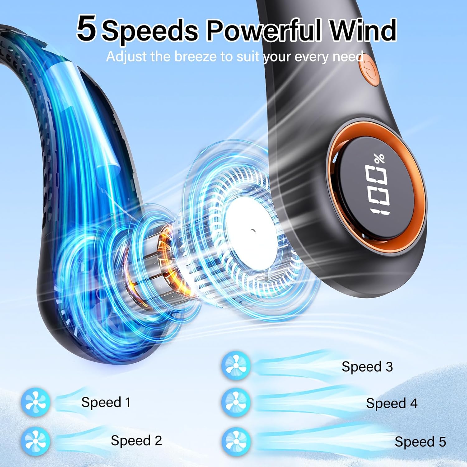 Detalle de Taiofan Portable Neck Fan: 5-Speed Bladeless, USB-C Rechargeable Personal Cooler