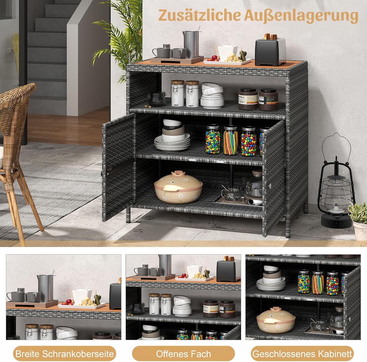 Detalle de COSTWAY Gartenschrank Rattan: Terrassenschrank mit Akazienholz-Arbeitsplatte, 90 x 53 x 86 cm, Grau