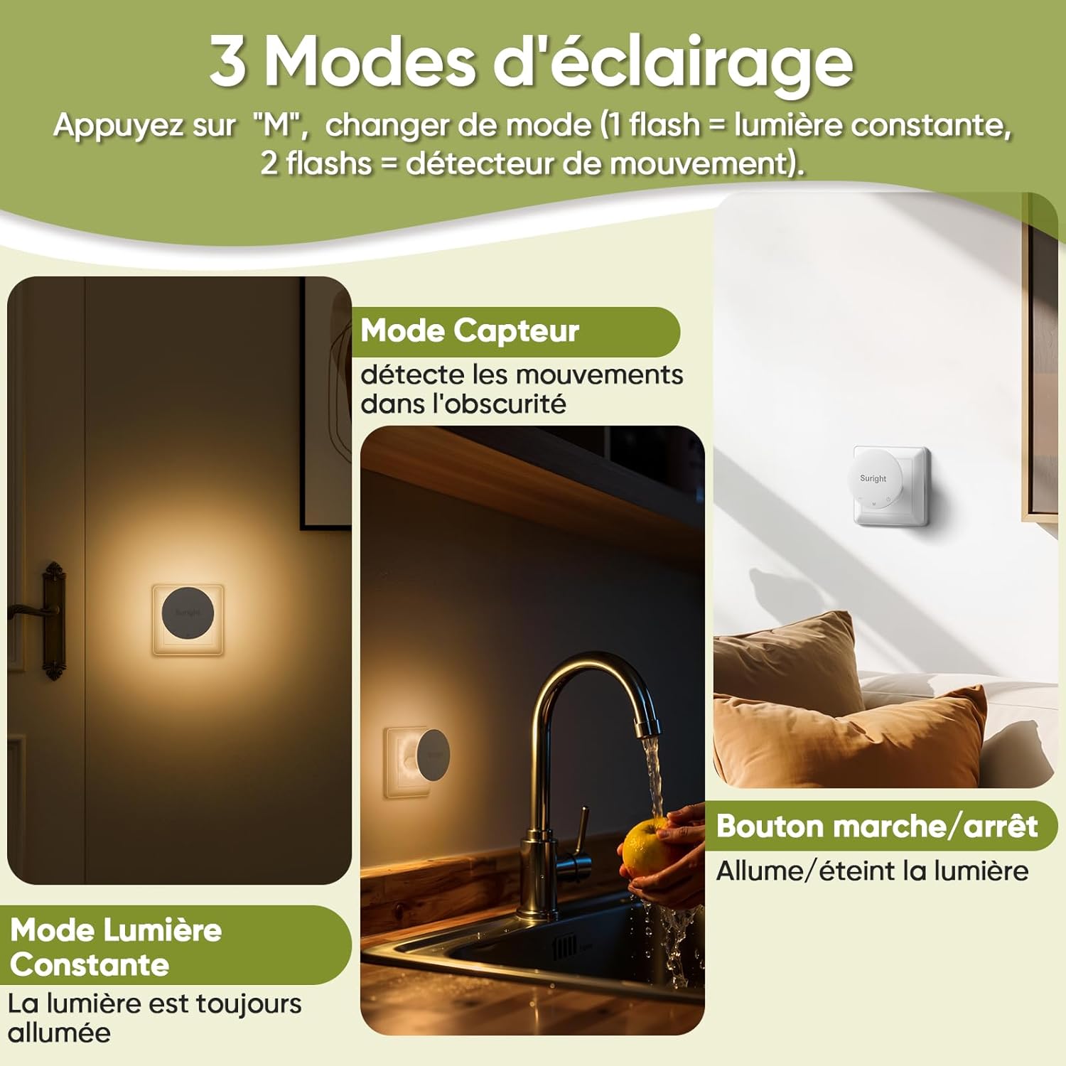 Thumbnail 1 de [Lot de 2] Veilleuses prise à détecteur de mouvement, luminosité réglable et contrôle tactile (blanche chaude, 3 modes)