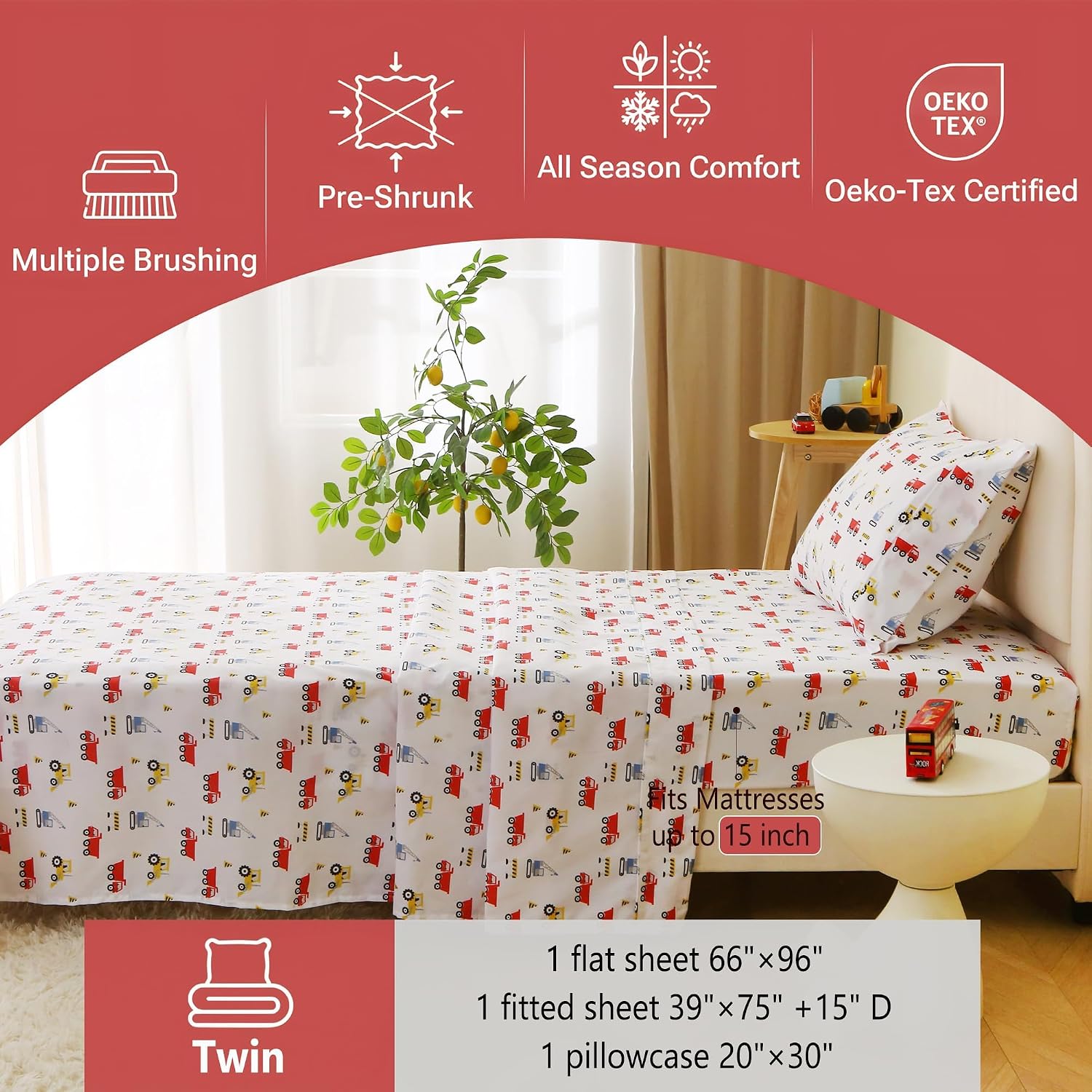 Detalle de softan MICSHTKIDTRUCKT Twin Kids’ Sheet Set, Microfibre, Construction Print