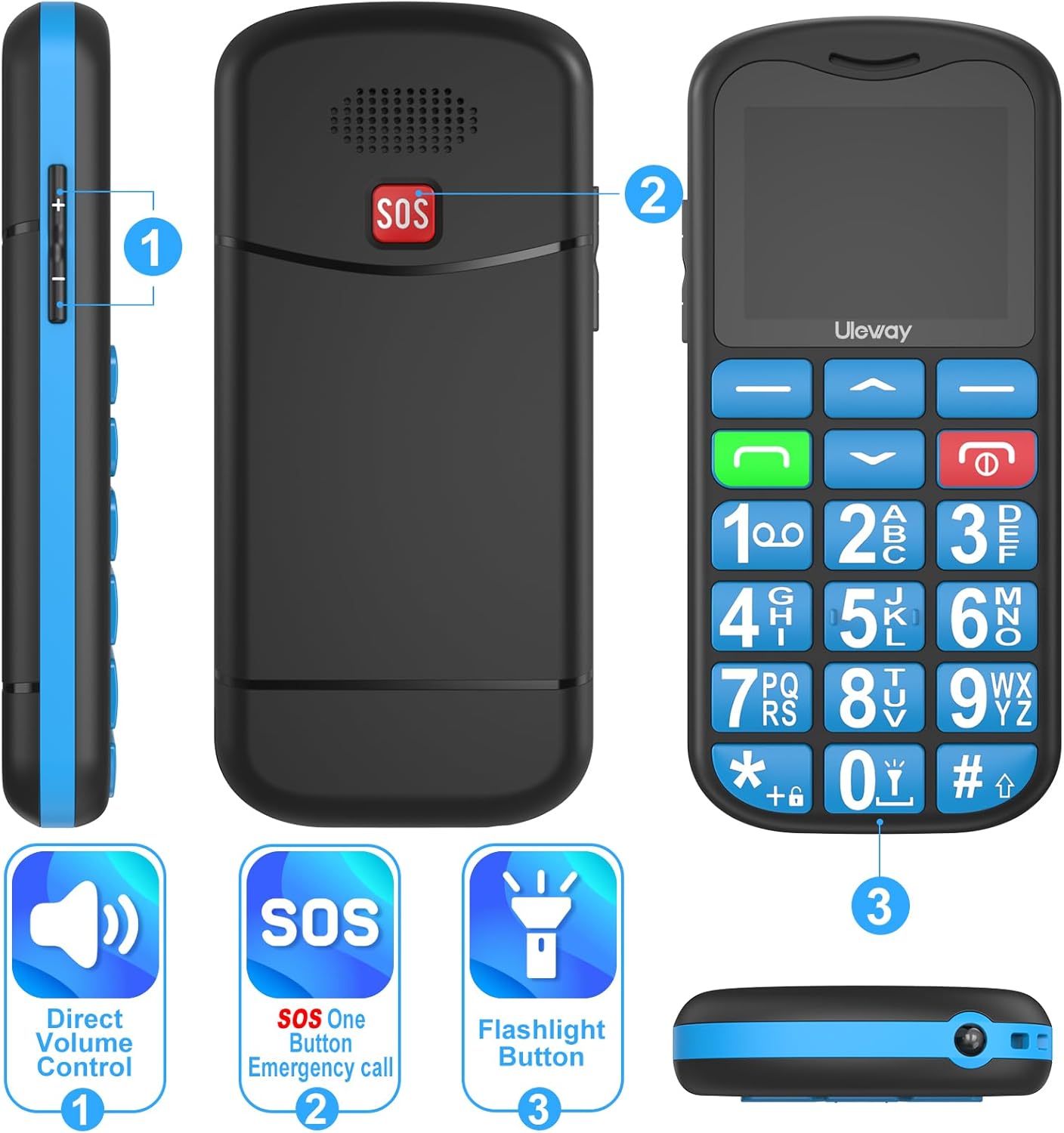 Detalle de uleway 4G Senior Mobile Phone Unlocked with Bluetooth Charging Dock — Big Button Simple Phone for Elderly (Blue)