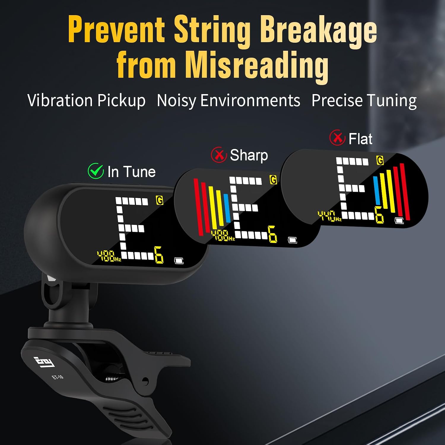 Detalle 2 de EX Rechargeable Chromatic Clip-On Tuner with Color LCD for Guitar, Bass & More