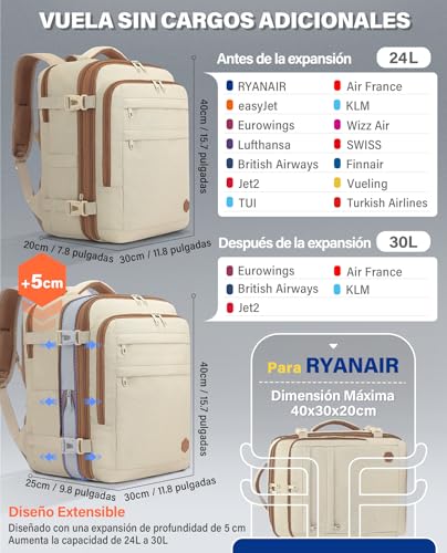 Thumbnail 1 de Mochila VANKEV de Cabina Extensible 24–30 L, 40x30x20/25 cm, para Vueling, Ryanair, EasyJet y otras aerolíneas, color beige