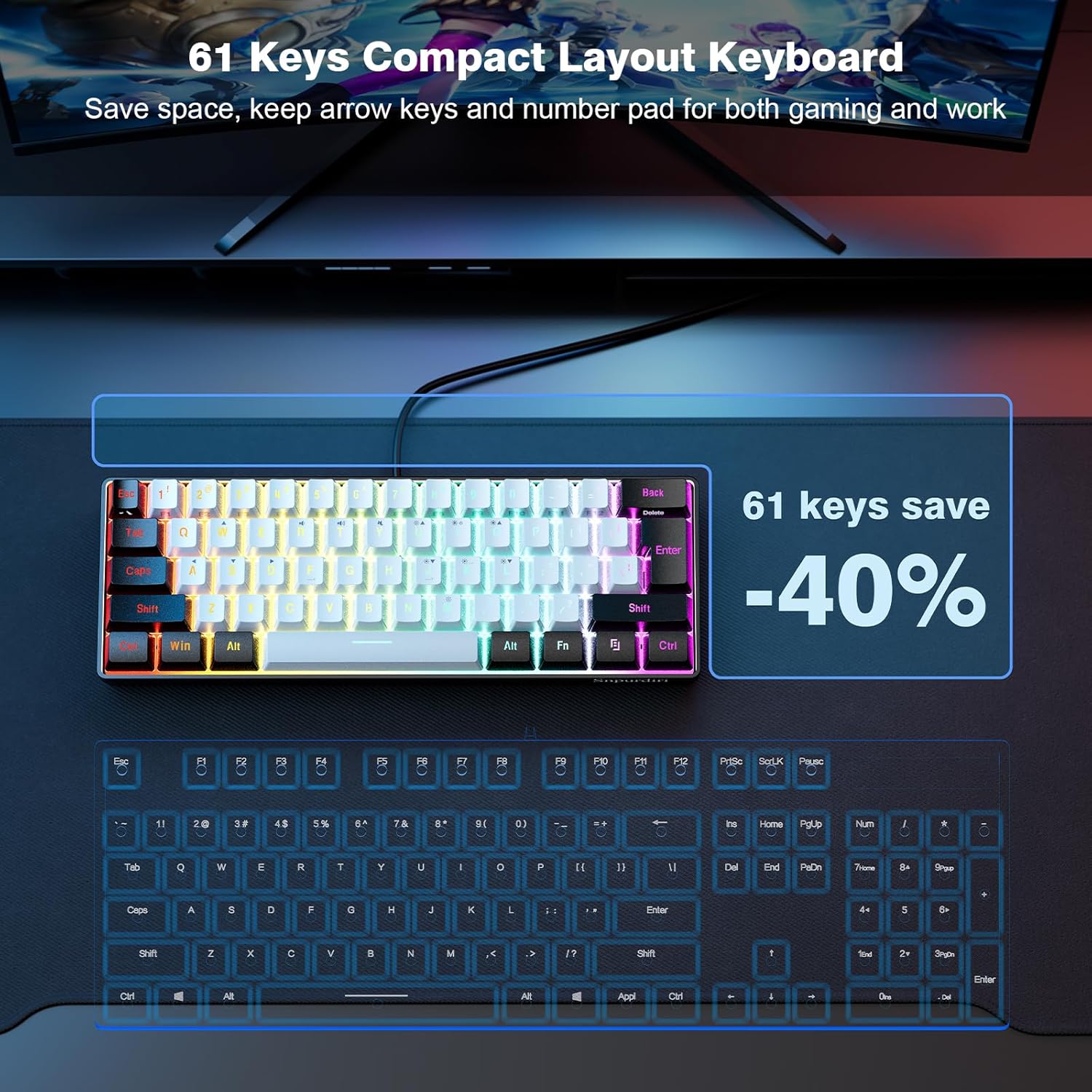 Detalle de Snpurdiri 60% wired gaming keyboard, RGB