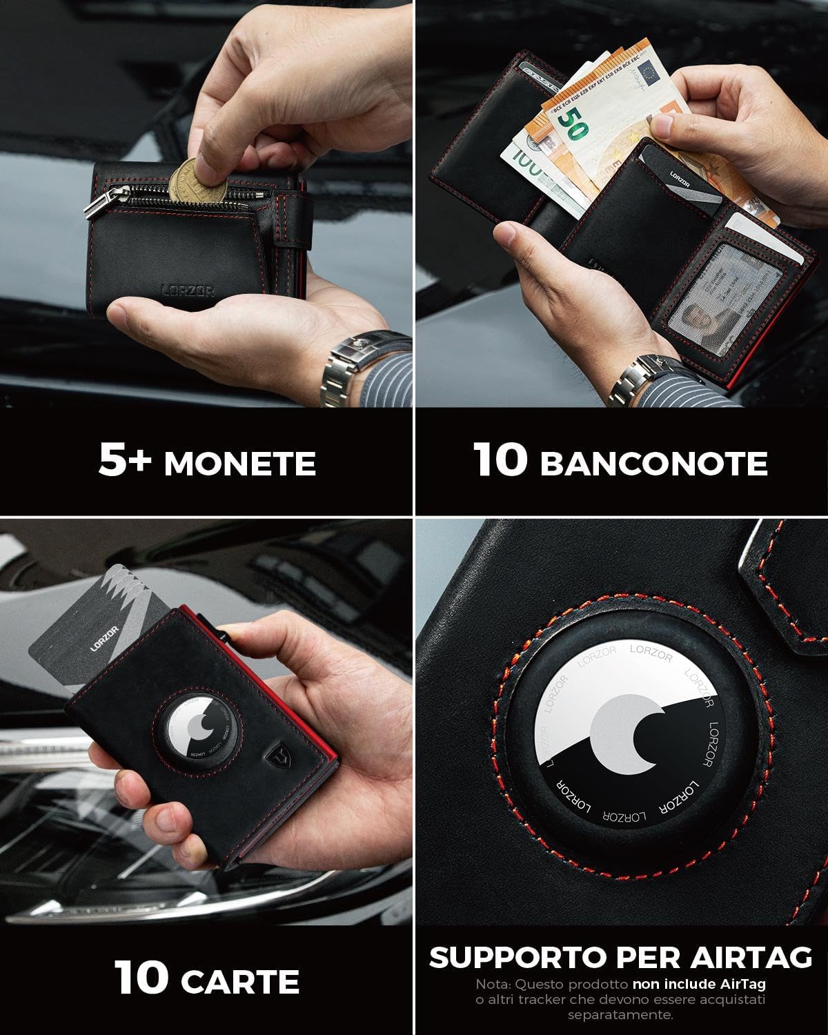 Detalle de Portafoglio Airtag Slim LORZOR con RFID