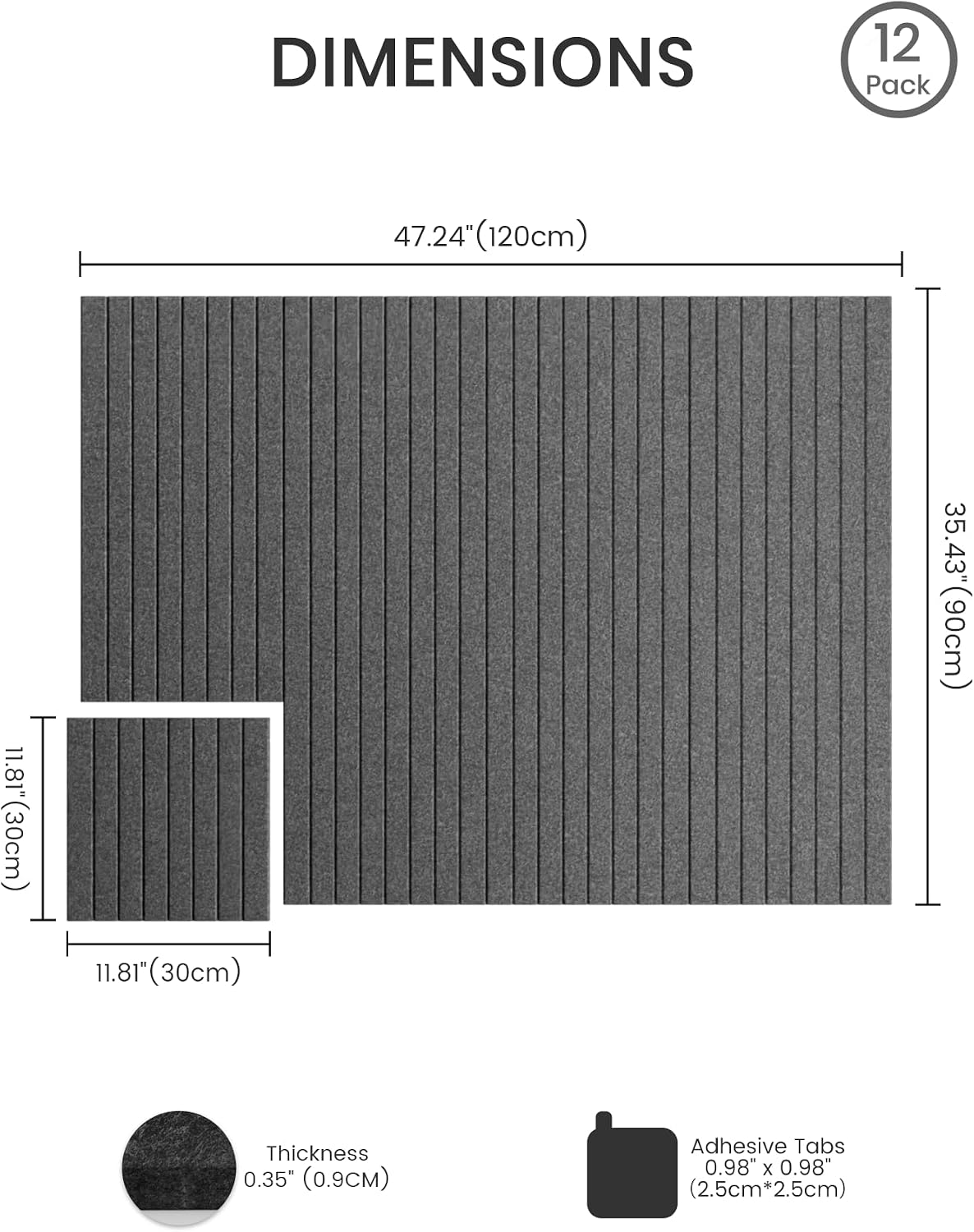 Detalle 2 de Bumusty FZB-L-12-8L-GY-UK Felt Bulletin Board, 12 Charcoal Gray Tiles