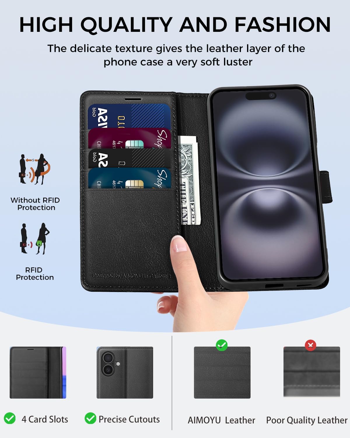 Thumbnail 2 de AIMOYU iPhone 16 Flip Wallet Case (Black) with 4 Card Slots, Kickstand & RFID Blocking