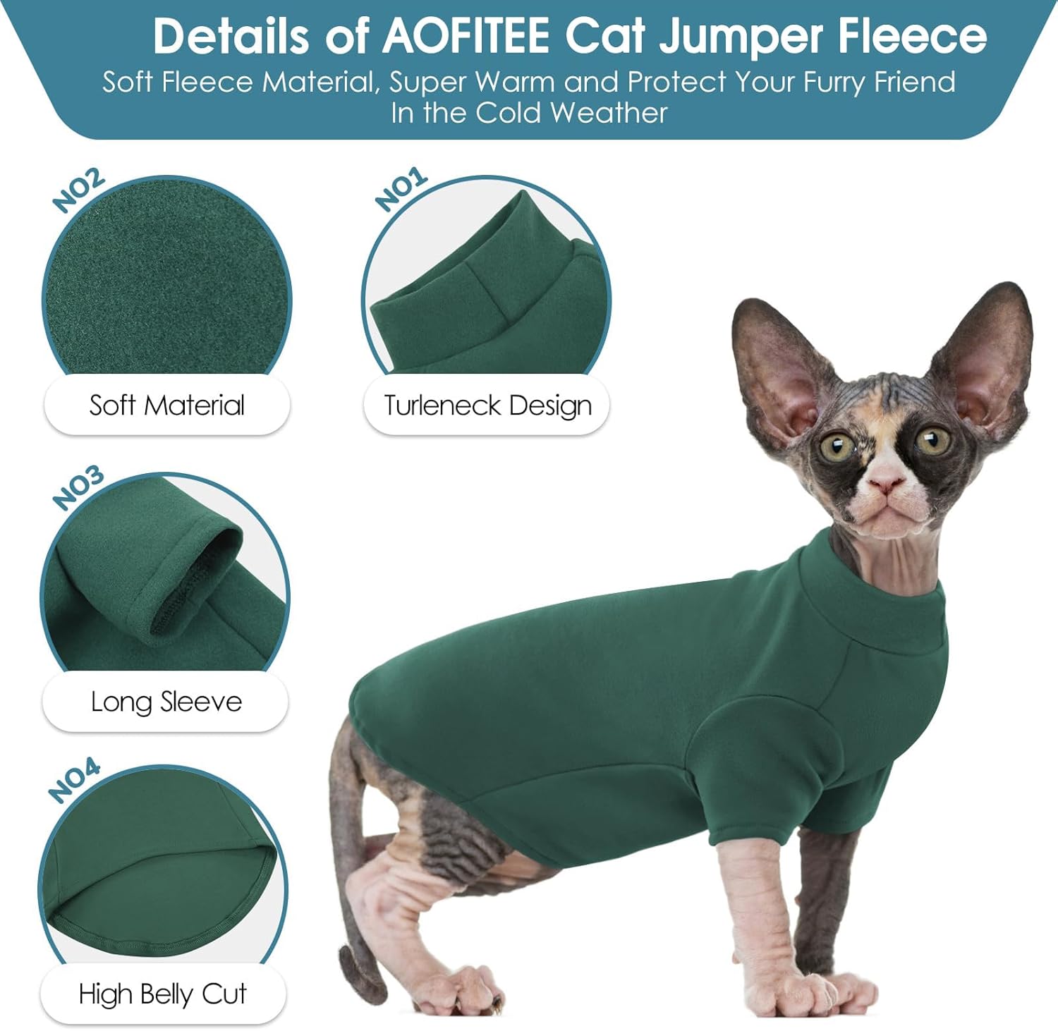 Thumbnail 1 de AOFITEE Turtleneck Jumper for Cats (Soft Fleece) – Green, size L