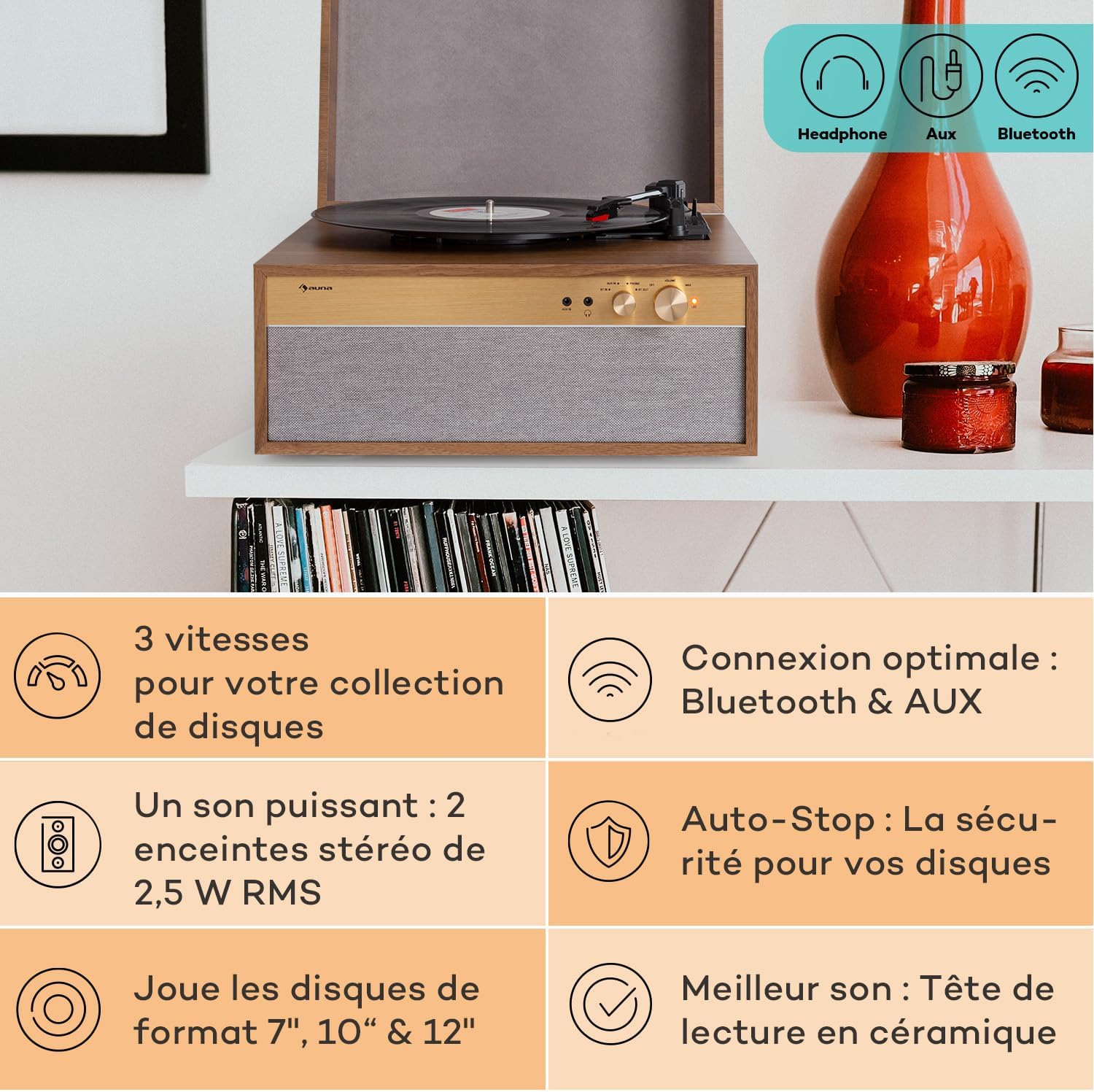 Thumbnail 1 de Auna Platine Vinyle Bluetooth avec Haut-Parleur — Tourne-Disque 33 Tours, chaîne Hi-Fi vintage