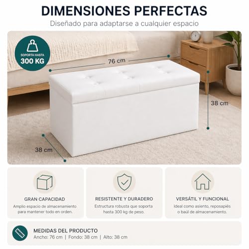Detalle 2 de Puff de almacenamiento plegable T-LOVENDO.ES 38x76x38 cm – Bancada tapizada con capacidad de 300 kg