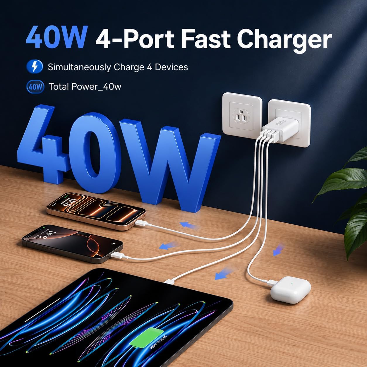 Detalle de Duloch USB-C Wall Fast Charger Block, 40W 4-Port (2x USB-C + 2x USB-A) — Multiport PD + QC 3.0 Charger