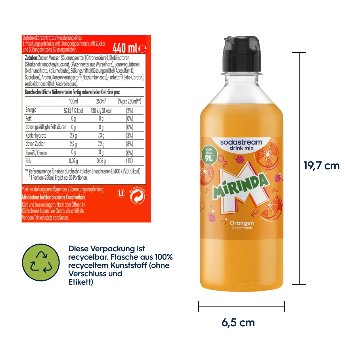 Detalle 2 de Sodastream drink mix Mirinda – Sirup (4 x 440 ml) für sprudelndes & stilles Wasser, ergibt bis zu 9 L Getränk