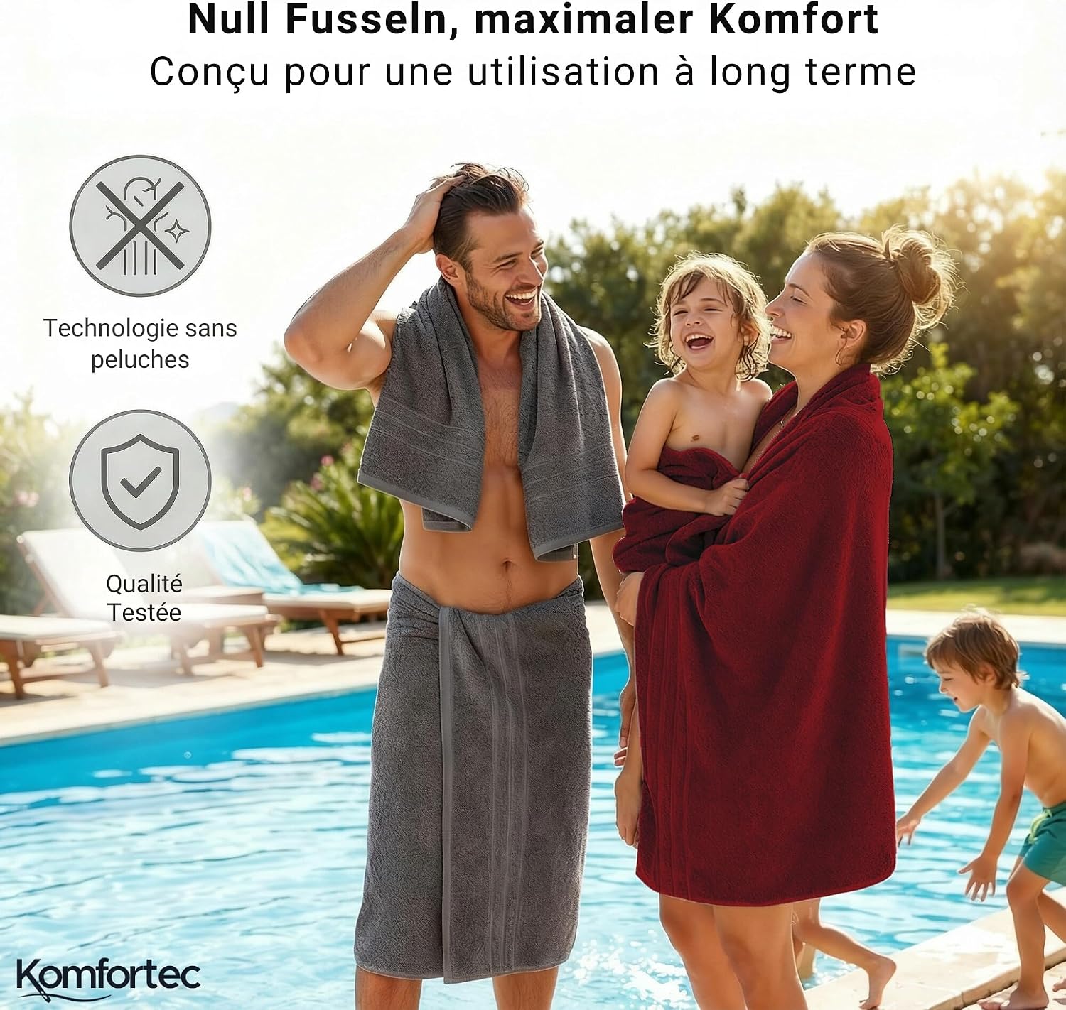 Detalle 2 de Komfortec Lot de 2 Serviettes de Sauna 80 x 200 cm – 100% Coton XXL, Gris Anthracite et Rouge Aurore