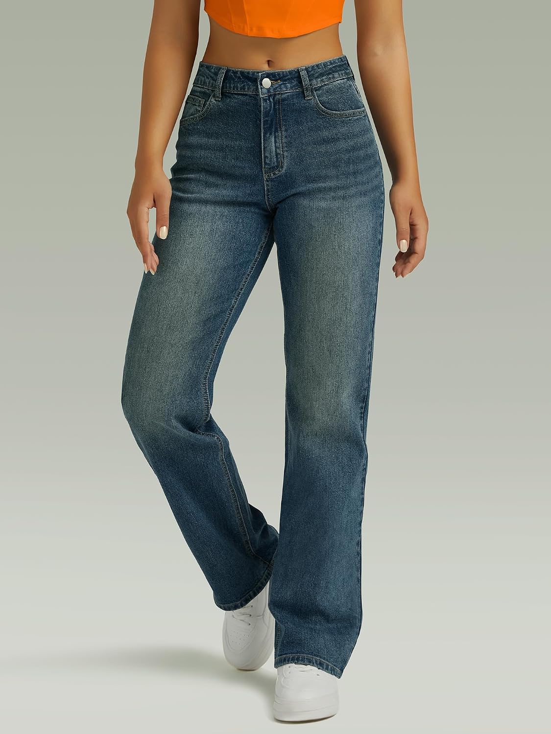 Detalle de FUNUCA Straight Leg Jeans for Women, High-Rise Wide-Leg Stretch Denim