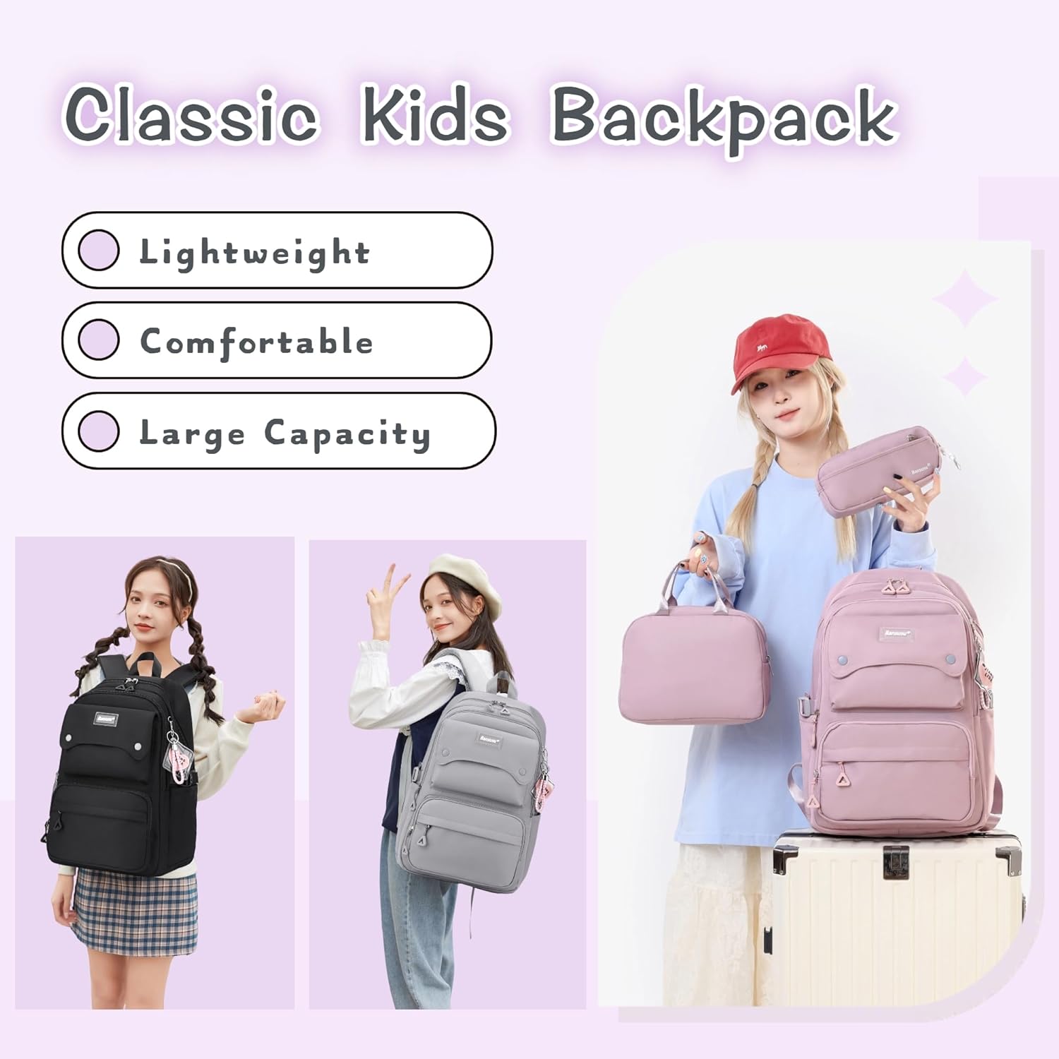 Thumbnail 1 de Bansusu 3Pcs Solid Colour Girls Backpack and Lunch Bag Set for Kids