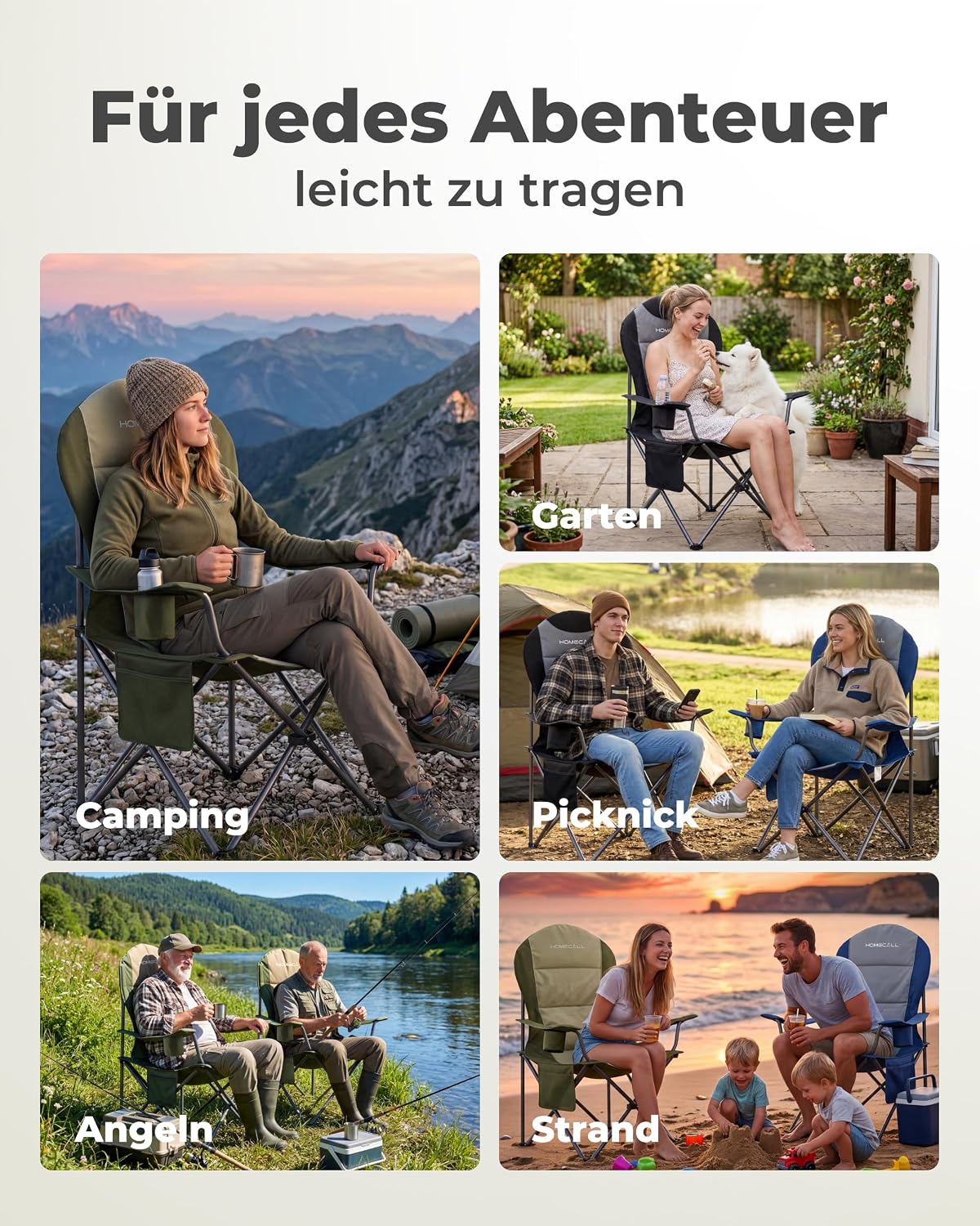 Detalle 2 de Homecall Campingstuhl Faltbar bis 150 kg – Angelstuhl 108 cm, Grau (2 Stück)