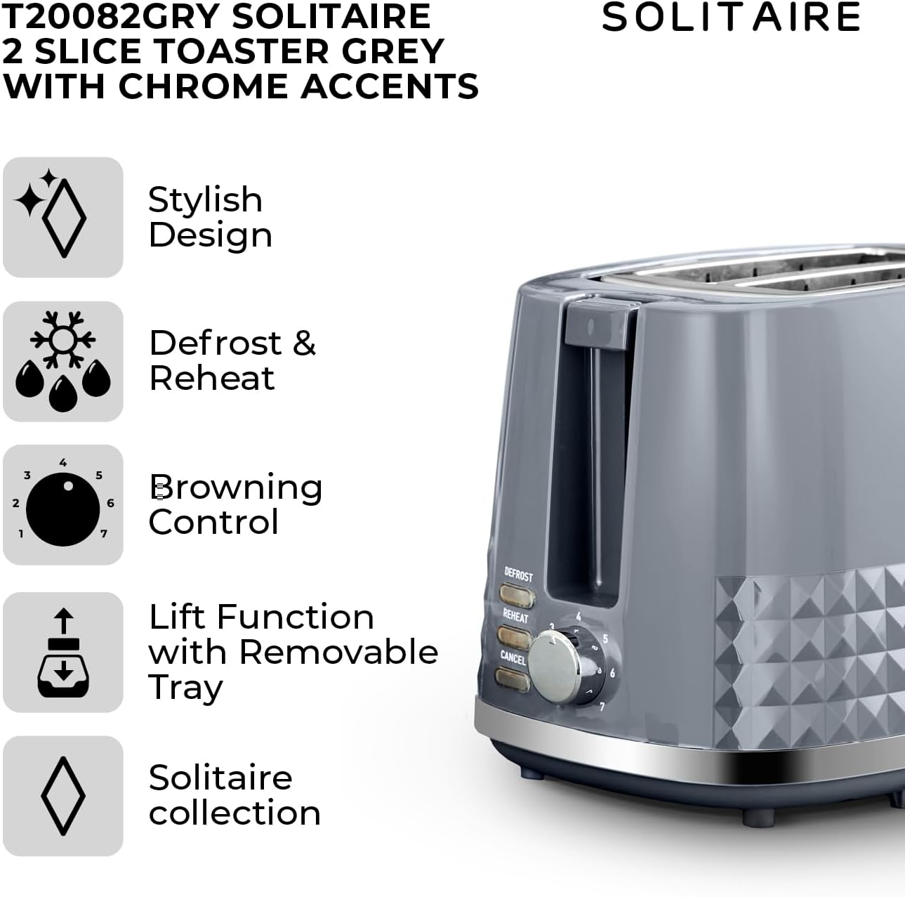 Detalle 2 de Tower T20082GRY Solitaire 2 Slice Toaster: a practical, stylish addition to a busy kitchen