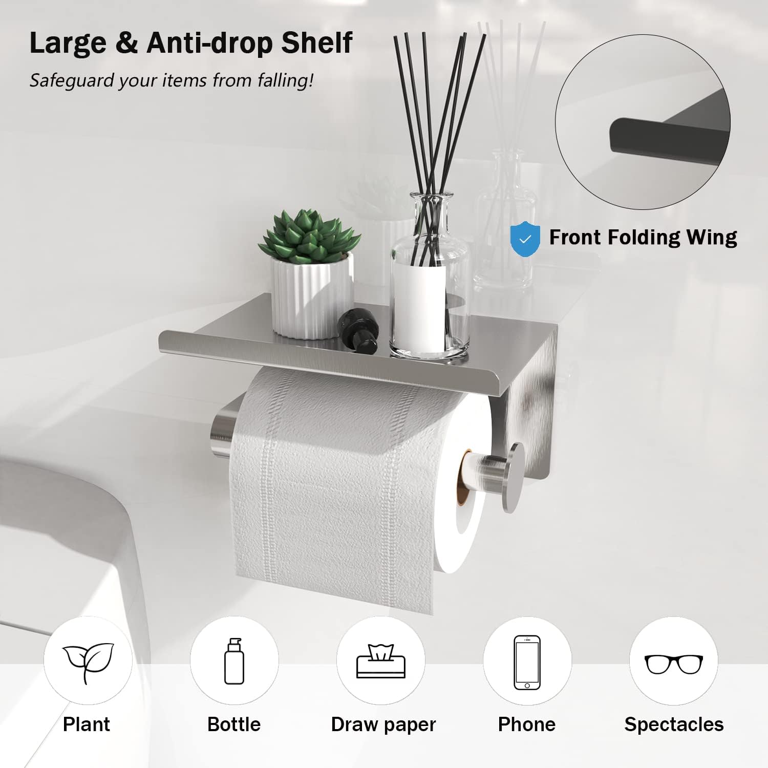 Detalle de Self Adhesive Toilet Paper Holder with Phone Shelf and Wall Mount