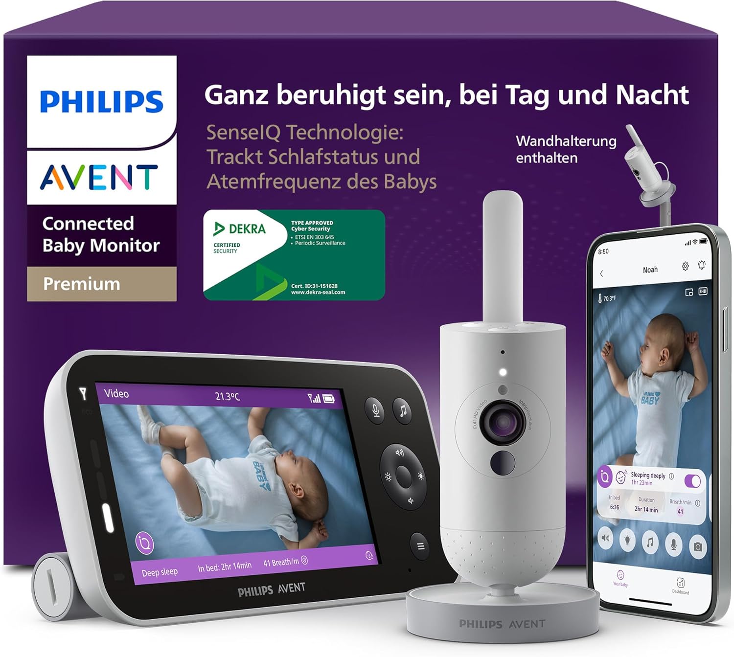 Detalle de PHILIPS Avent Premium Connected Babyphone mit App – 1080p Kamera, KI-Schlaf-/Atemtracking, DEKRA-zertifiziert