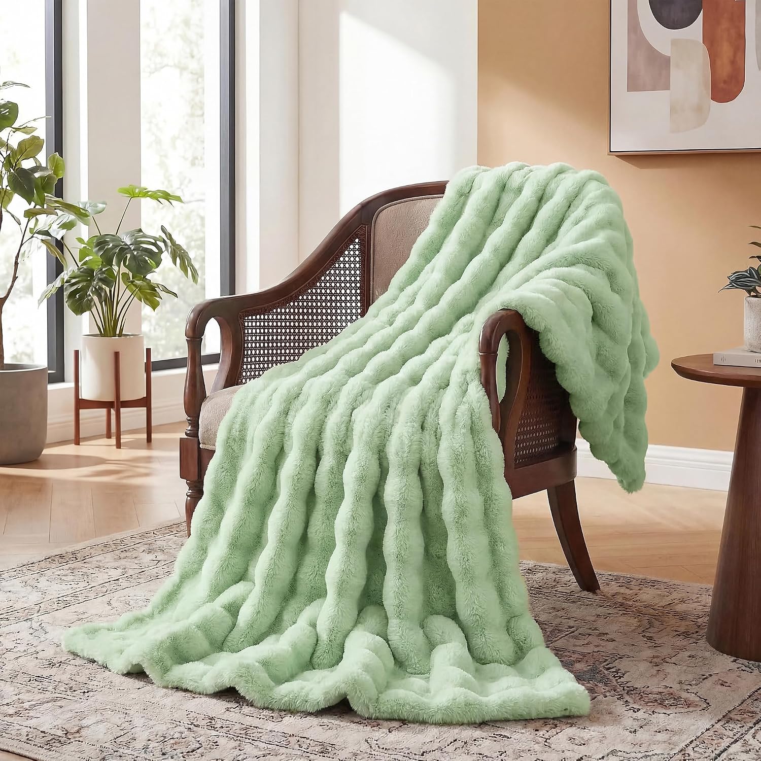 Detalle de ORINOVA Couverture fausse fourrure vert sauge 130x150 cm, plaid moelleux anti-boulochage