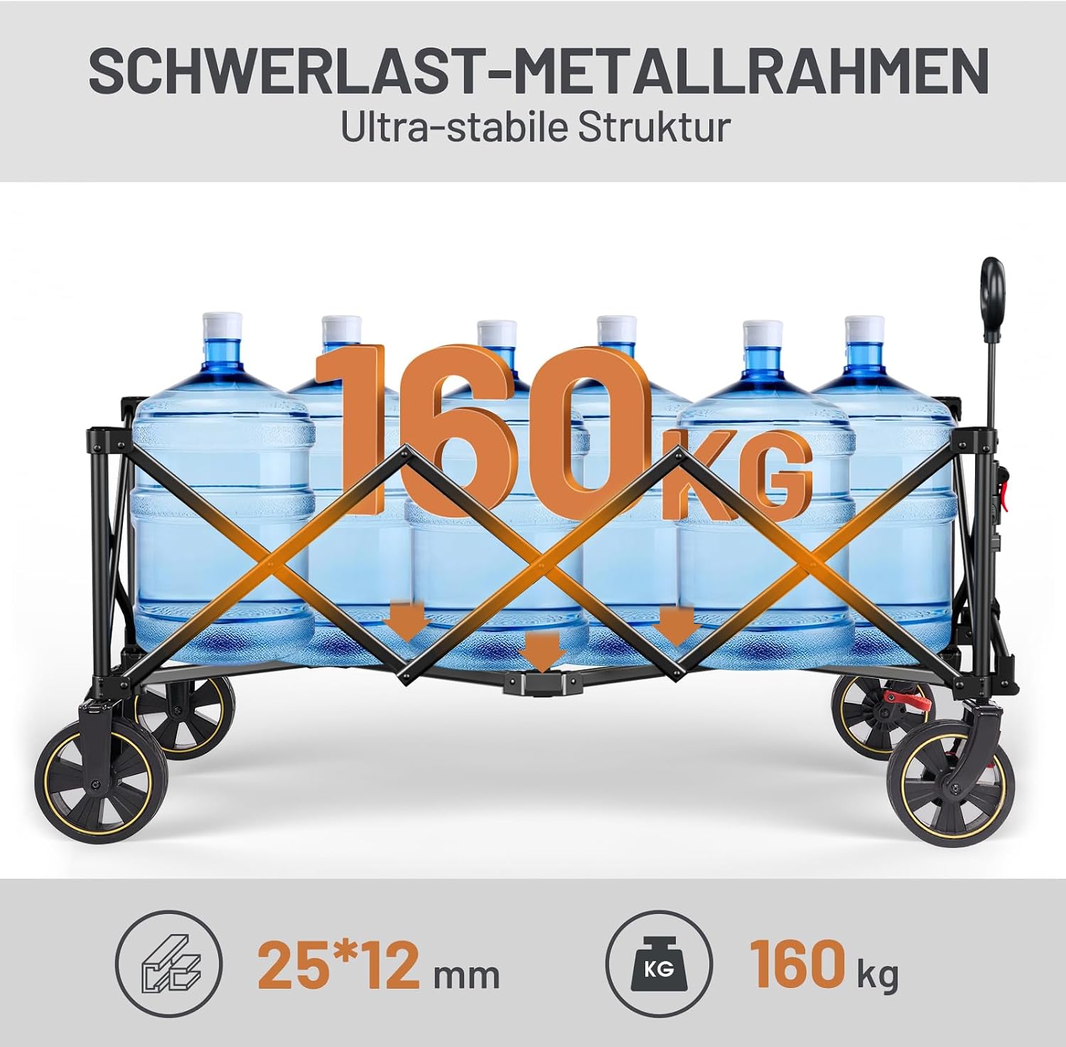 Detalle de TIMBER RIDGE XXXL Faltbarer Transportwagen 300 L, 160 kg Tragfähigkeit, verstellbarer Griff, Netz als Fallschutz, Getränkehalter, Bremse – Schwarz